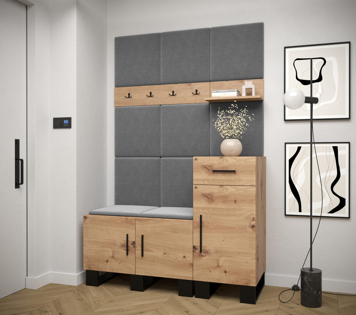GARDEROBEN-SET 196/126/45,6 - Schwarz/Eiche Artisan, Holz/Kunststoff (126/196/45.6cm) - Abiks Möbel