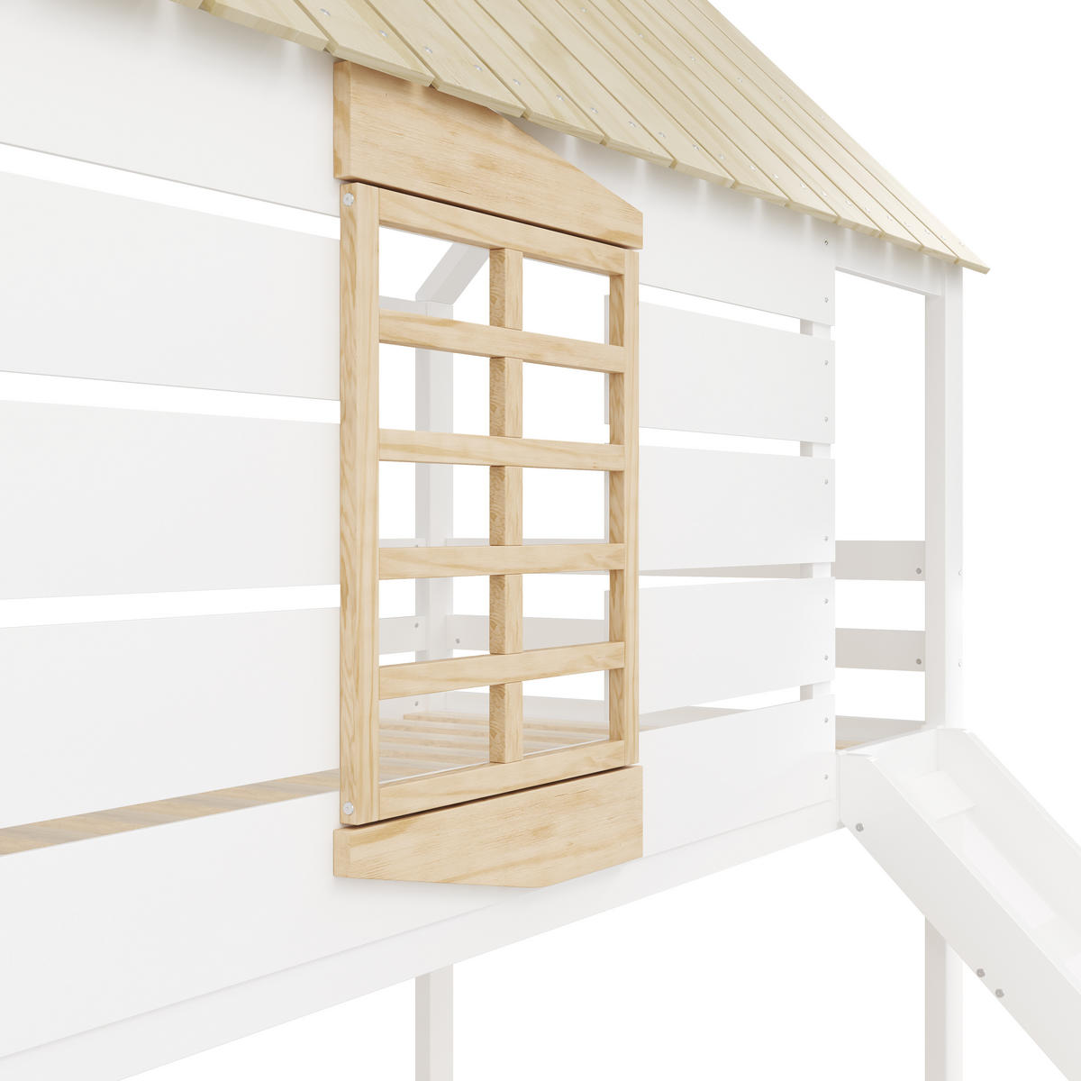 ETAGENBETT in Hausform mit Rutsche und Ausziehbett Weiß/Natural - Naturfarben, Holz (90/200cm) - ComfortXL