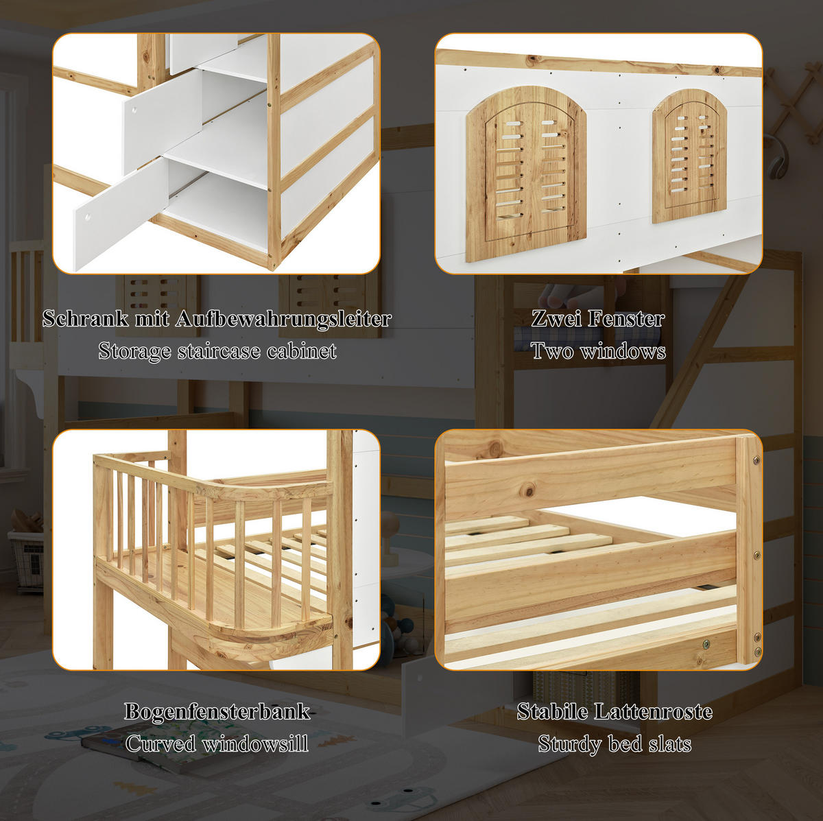 HOCHBETT 90/200 cm aus Kiefer und MDF mit Treppenschrank und Spielfläche Weiß/Natur - Naturfarben, Holz (90/200cm) - Modenvie