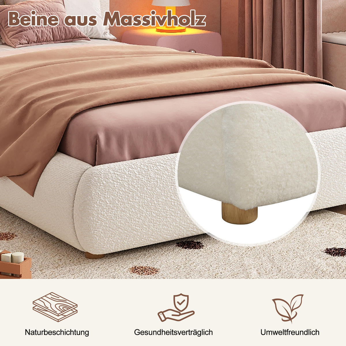 KINDERBETT Weiß Bouclé 90x200 LED Hydraulik Stauraum - Weiß, Leder (90/200cm) - FLIEKS
