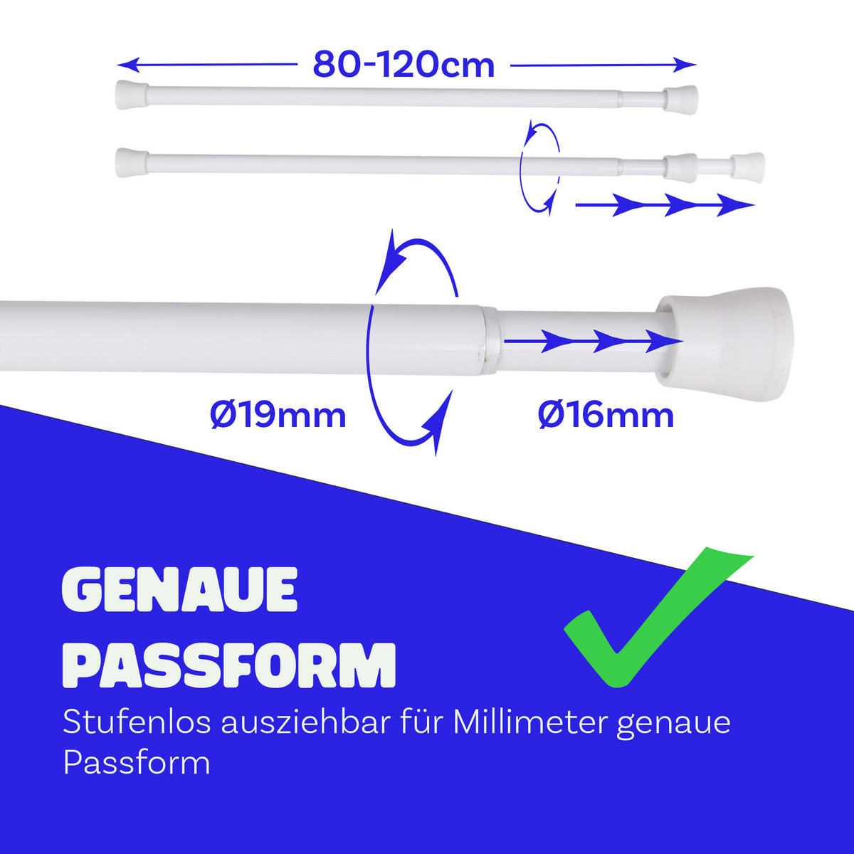 VERSTELLBARE Vorhangstange - Spannstange zum Klemmen Weiß Ø16/19 mm 80-125 cm - Weiß, Metall (80cm) - Bestlivings