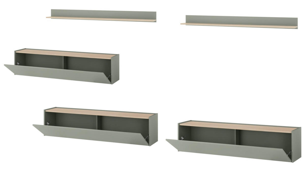 WOHNWAND Salbei grün, Barista Eiche Set 5-teilig mit XXL TV-Board 340 cm - Salbeigrün/Eichefarben, Holzwerkstoff/Metall (340/180/30cm) - Furn.Design