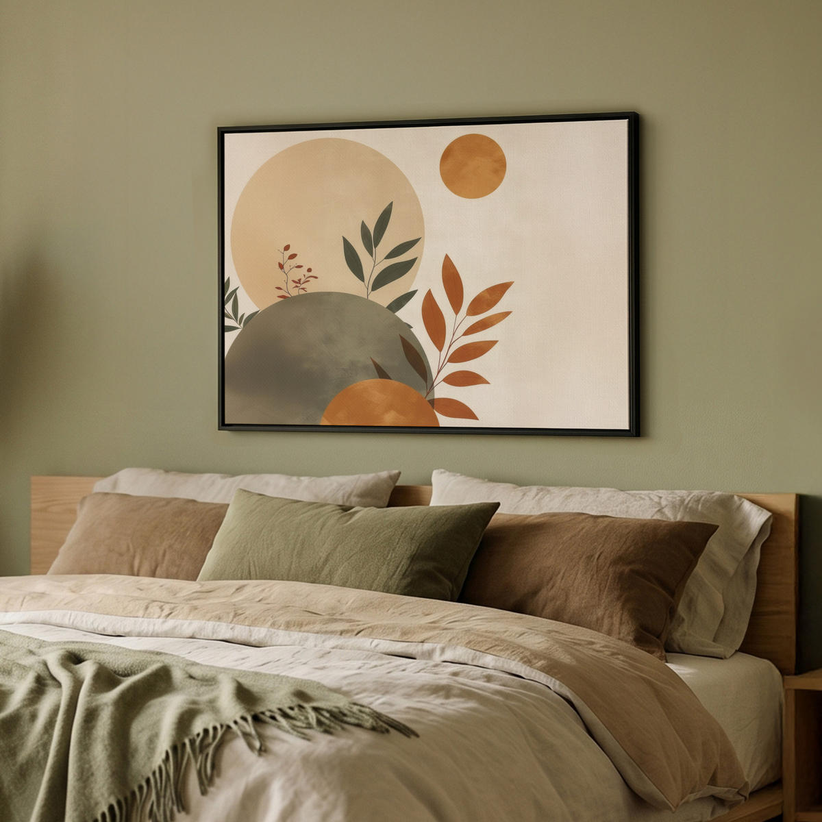 LEINWAND Bilder mit Rahmen - Formen - Rund - Blätter - Beige - 80x60 - Rostfarben, Textil (80/60cm) - MuchoWow
