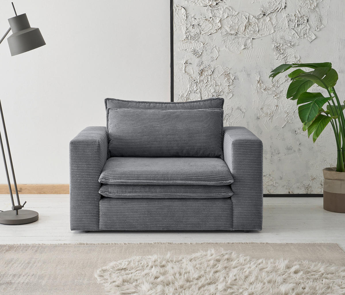 LOVESEAT grau Cord, Loungesessel 125 cm - Beige/Grau, Holz/Kunststoff (125/83/91cm) - Furn.Design