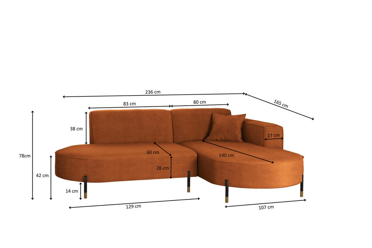 ECKSOFA L-Form Designer Modena Rein Stoff Noel Orange Rechts - Orange, Holz/Textil (236/165cm) - Kaiser Möbel