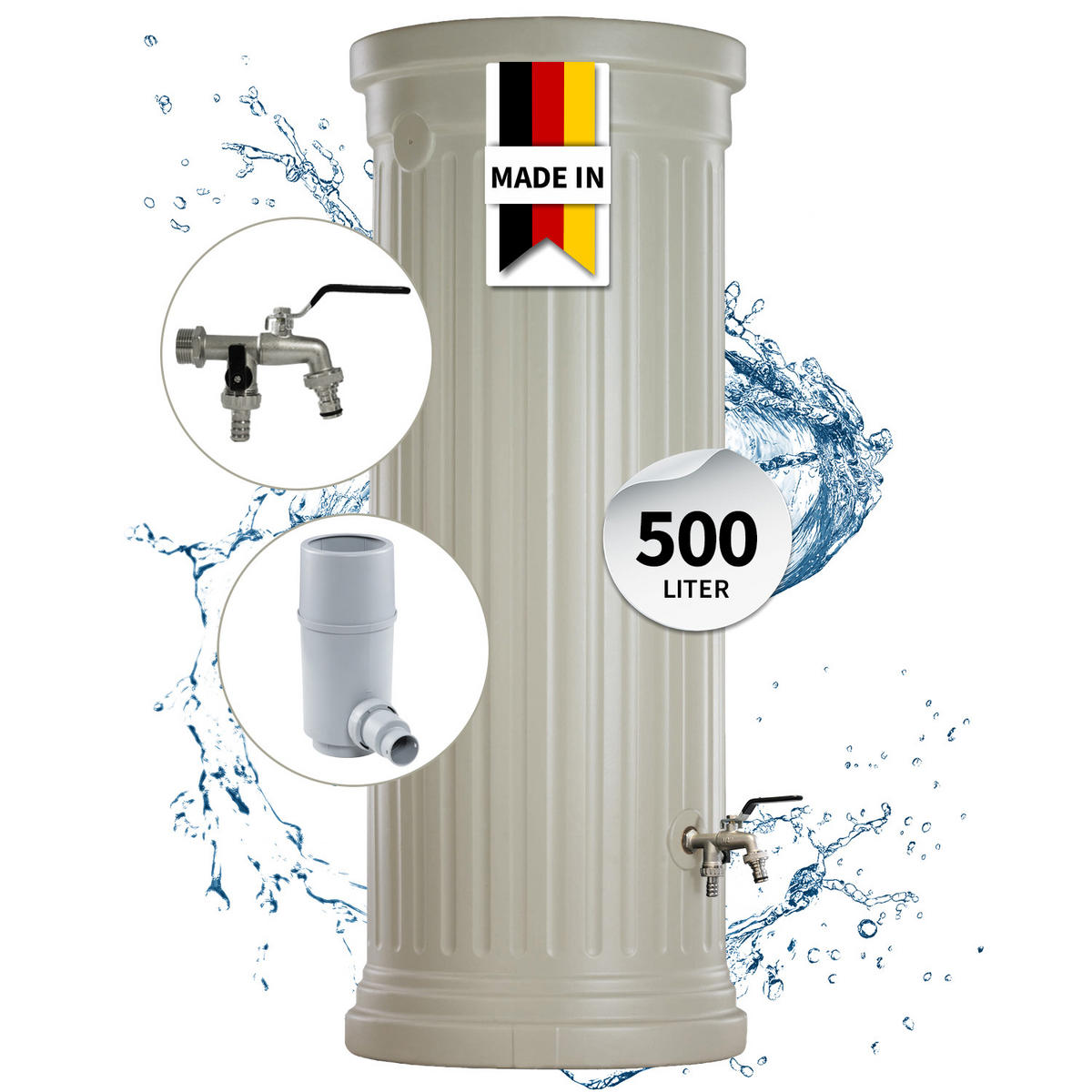 SÄULENTANK Komplett-Set 500 L, sandbeige inkl. Chrom-Doppelauslaufhahn und Fallrohranschluss - Beige, Kunststoff (73/193/80cm) - GARANTIA