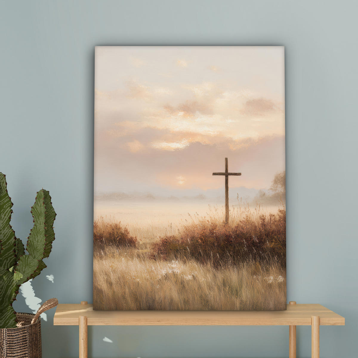 LEINWANDBILD Gras - Morgennebel - Kreuz - Christentum Wandbild Wohnzimmer 60x80 cm - Beige, Textil (60/80cm) - MuchoWow