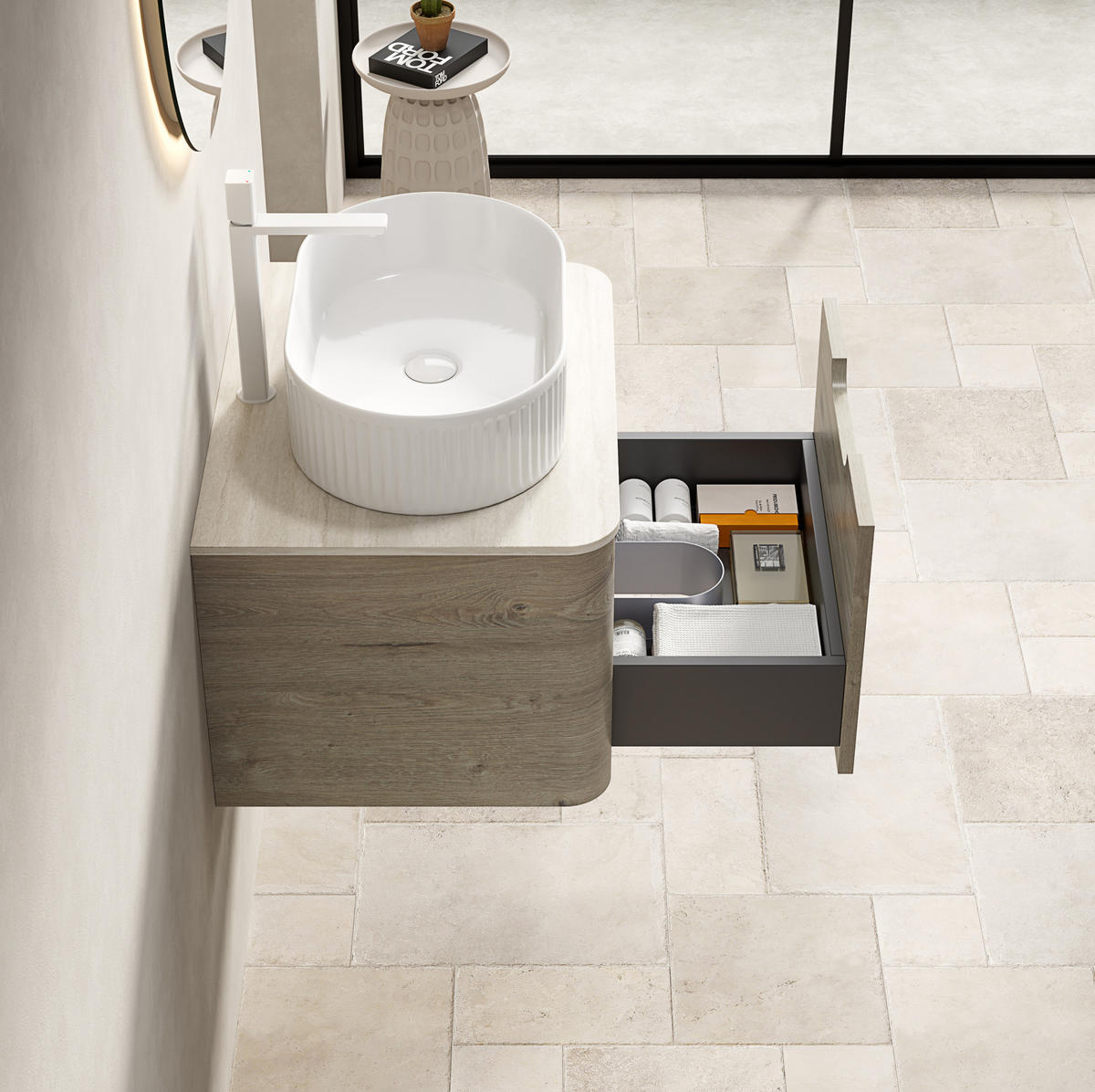 WASCHTISCH 60 cm Keramikbecken Sinterstein Beige - Beige, Holzwerkstoff (46/50.2/60cm) - Beauniv