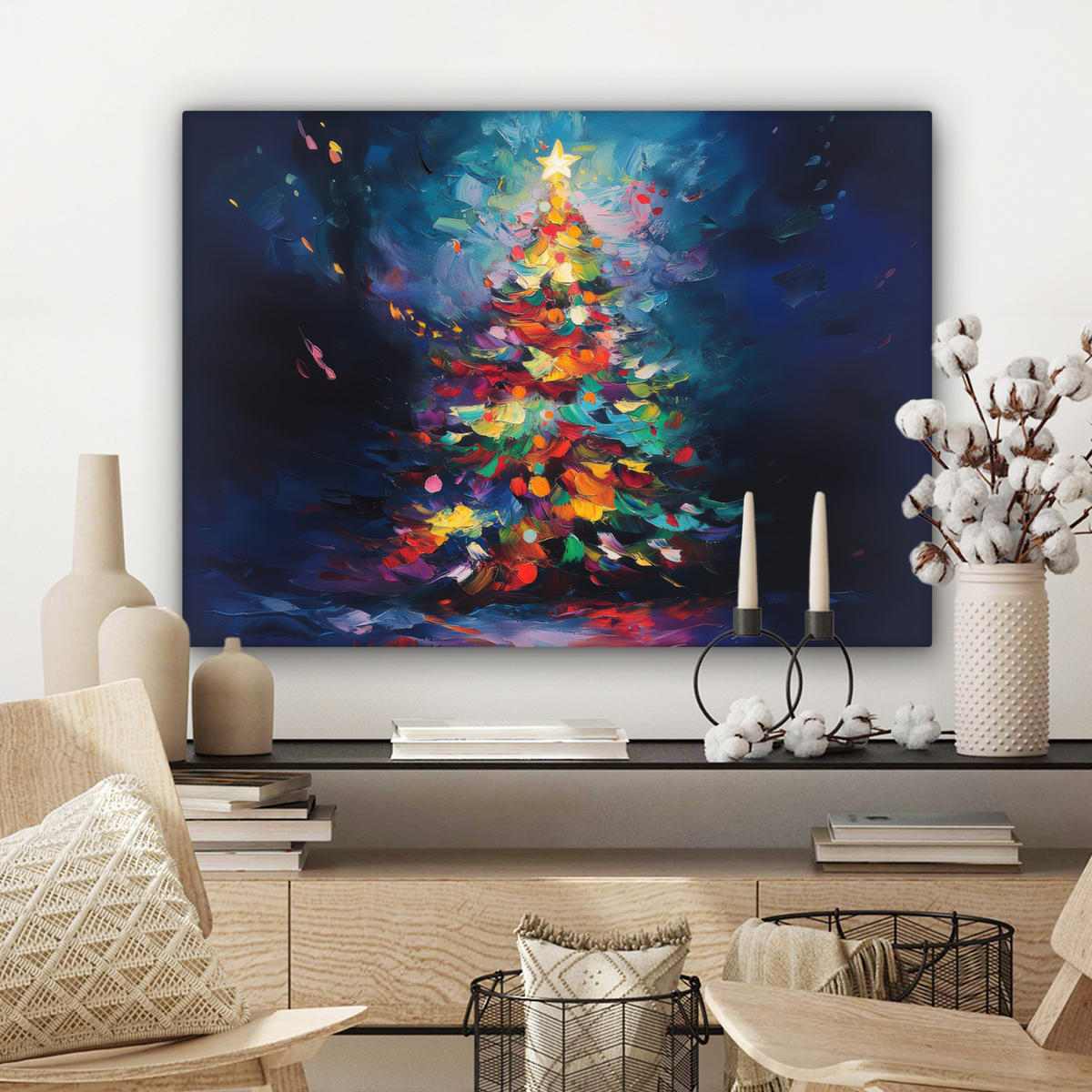 LEINWANDBILD Weihnachtsbaum - Weihnachten - Abstrakt - Farbenfroh Wandbilder 80x60 cm - Multicolor, Textil (80/60cm) - MuchoWow