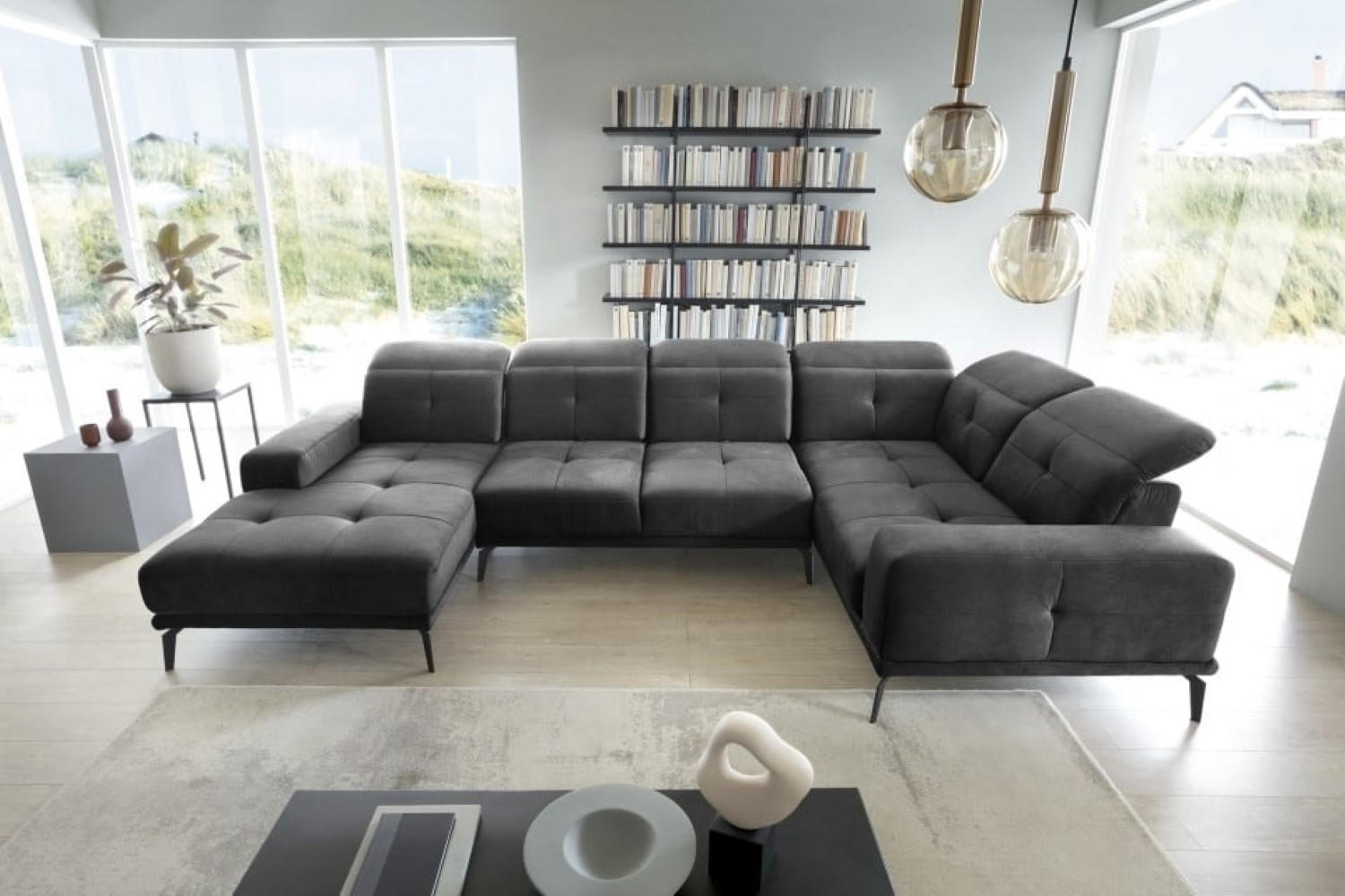 WOHNLANDSCHAFT mit Sitztiefenverstellung, wasserabweisender Nube-Stoff der Spitzenklasse - Dunkelgrau/Schwarz, Textil/Metall (210/77/350cm) - Eltap