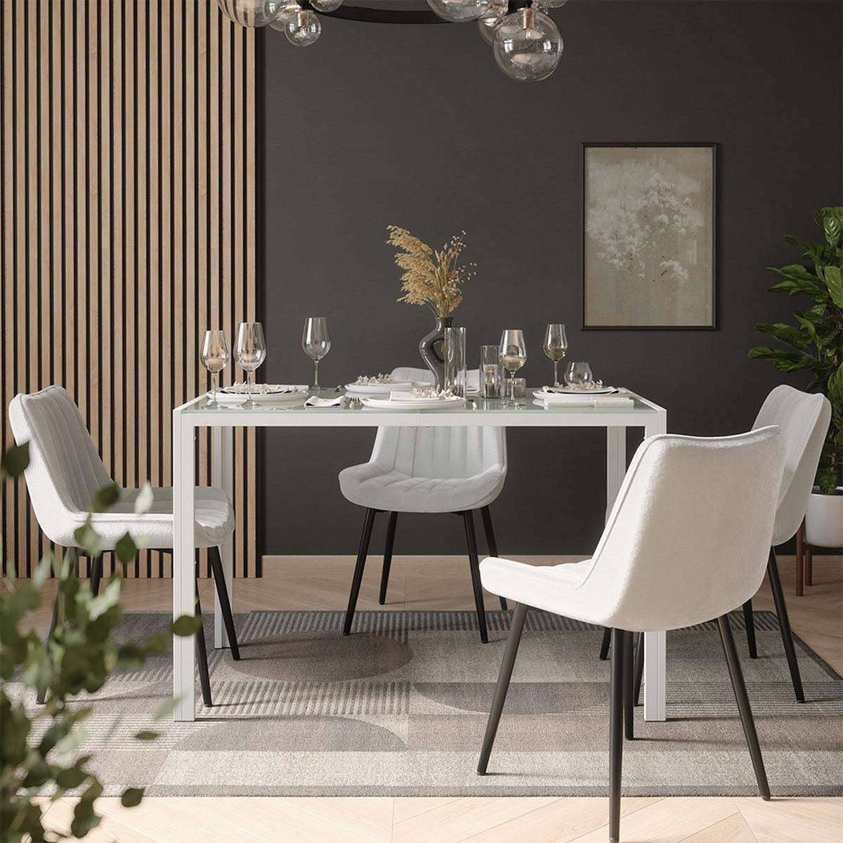 JÍDELNÍ STŮL SESTAVA Grand, Bílá, 120 x 70 cm se 4 židlemi (béžové) - bílá, sklo (120/74.5/70cm) - Vicco