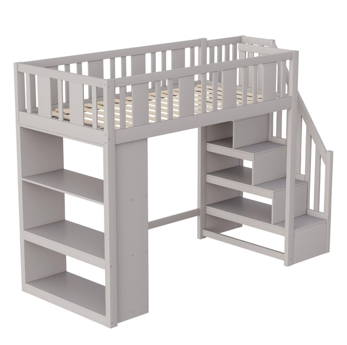 HOCHBETT 90/200 cm in Grau – mit Stauraumtreppe und Rausfallschutz - Grau, Holz (90/200cm) - BEAOK