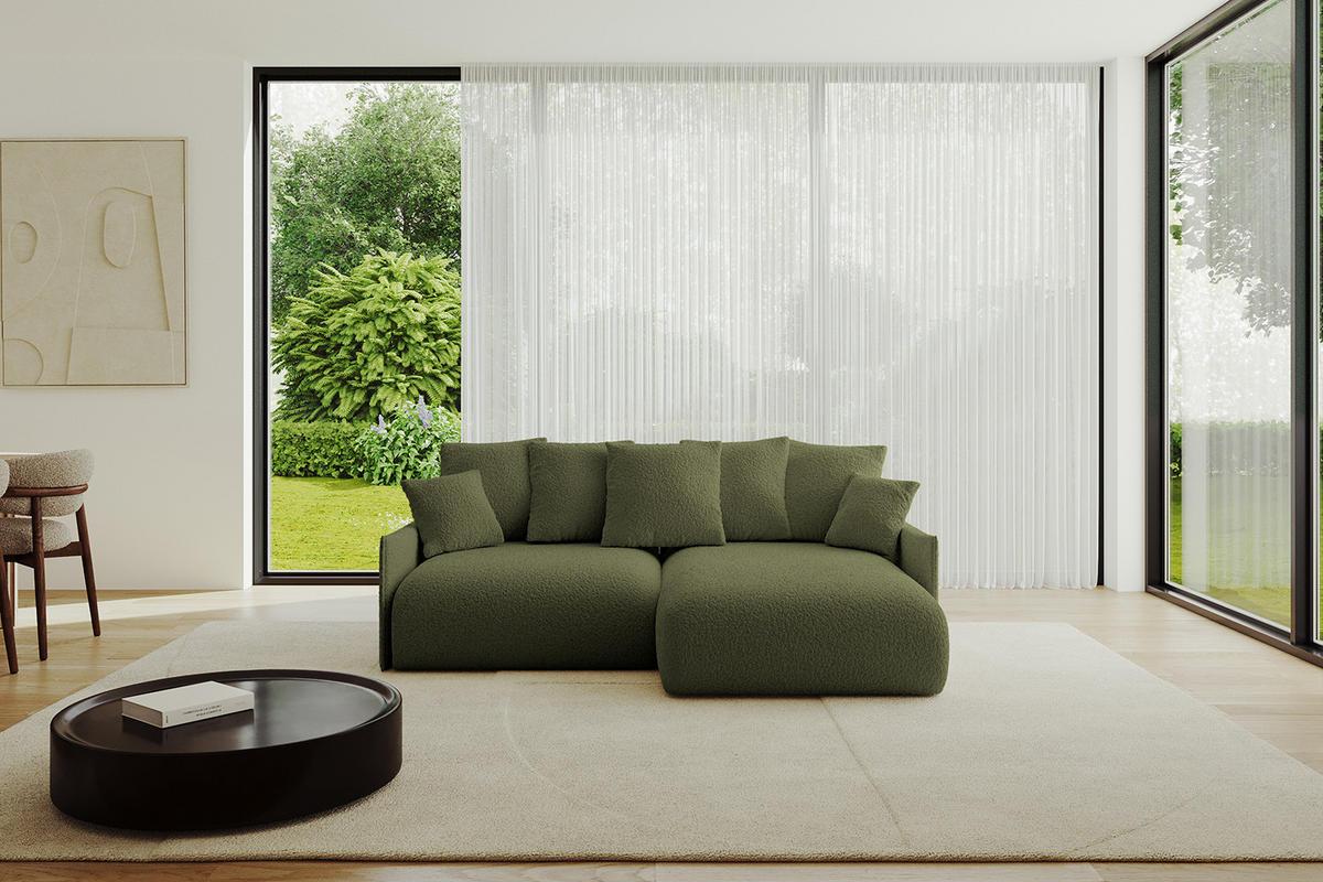 ECKSOFA mit Schlaffunktion und Bettkasten ONESK-L -v1 208x165x40 Grün Bouclé - Grün, Holzwerkstoff/Kunststoff (208/165cm) - ALTDECOR