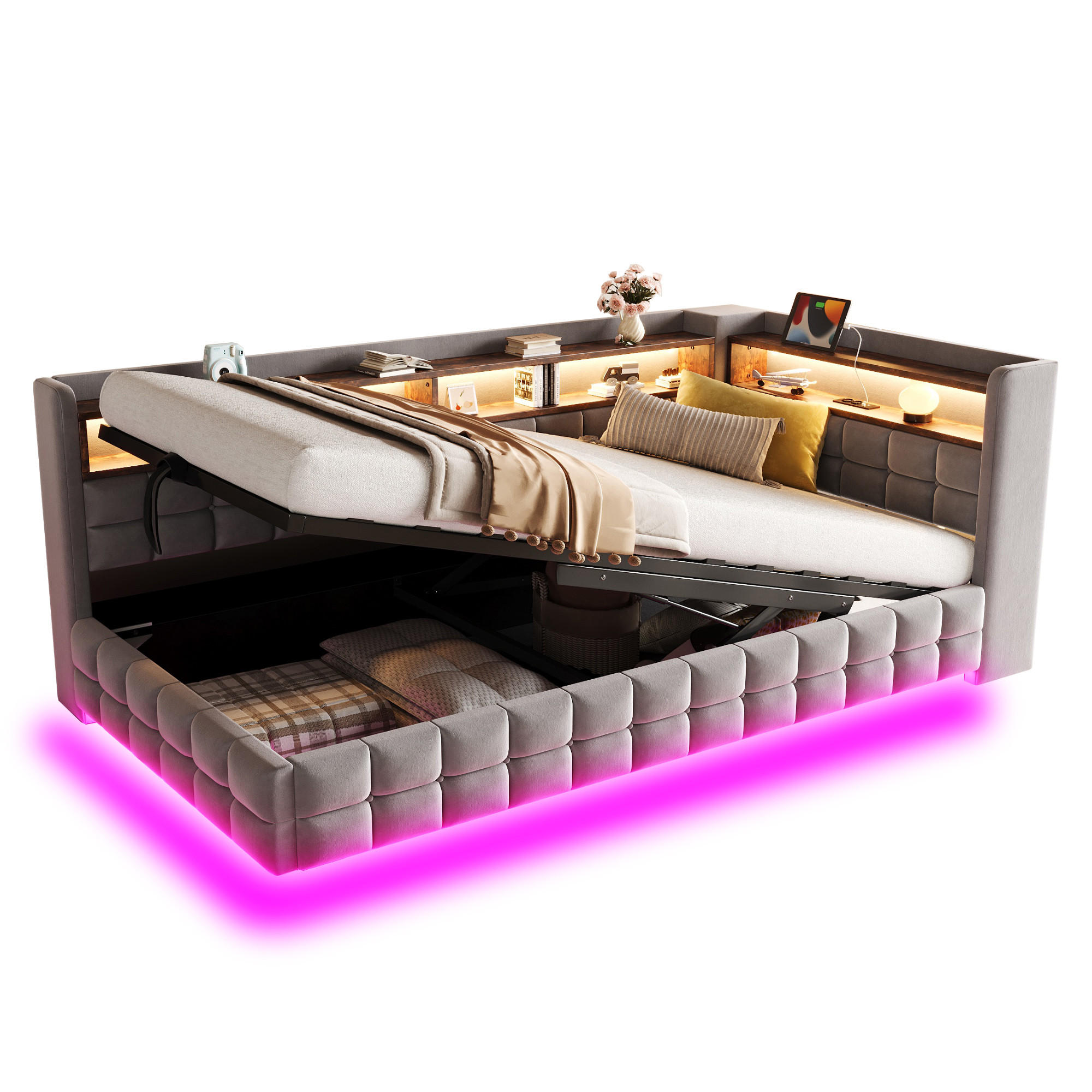SCHLAFSOFA 90/200 cm in Hellgrau mit Stauraum, LED, USB und Typ-C - Hellgrau, Holzwerkstoff/Textil (90/200cm) - WISHDOR