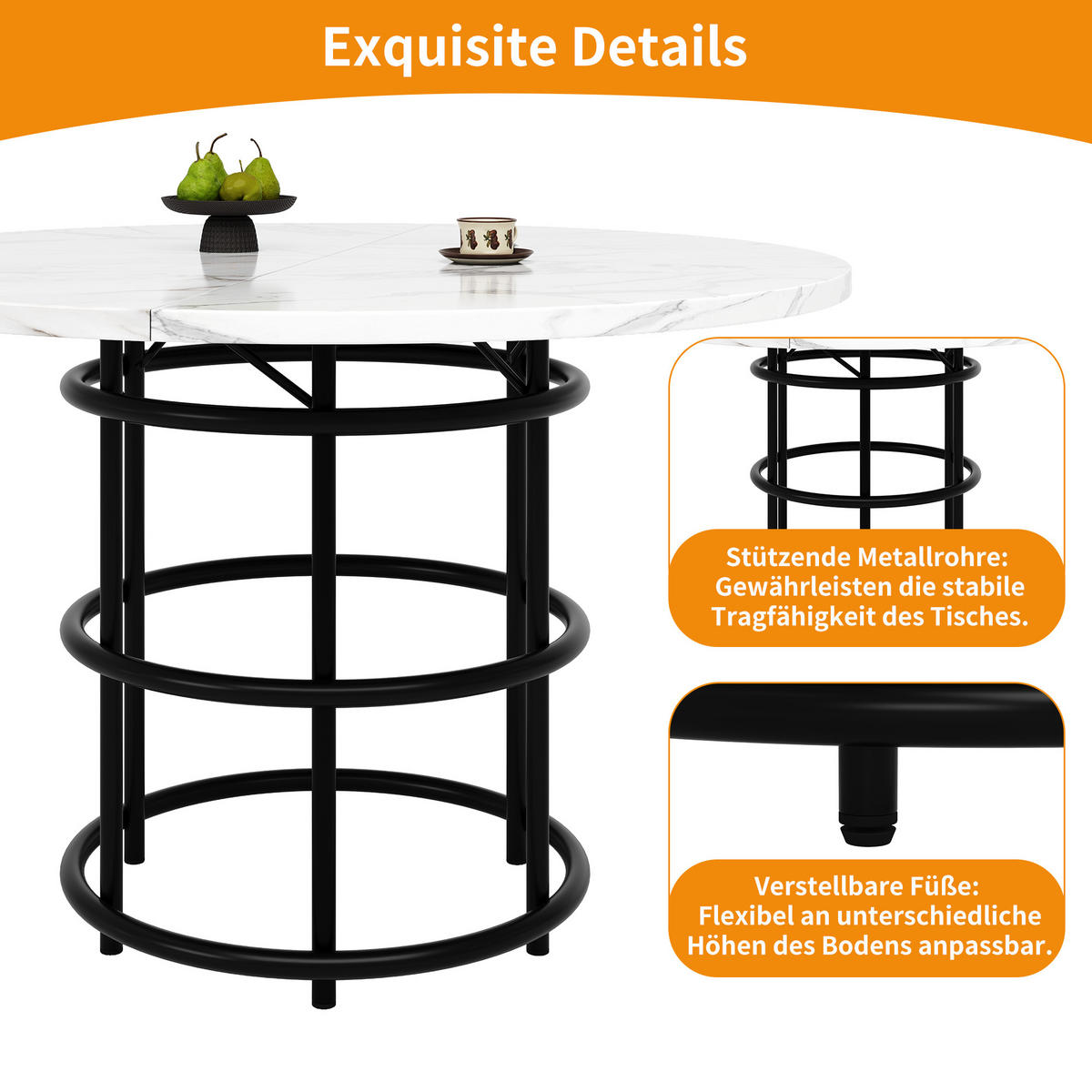 ESSTISCH 100/100/76 cm Schwarz runder Tisch mit Marmoroptik aus MDF mit Metallgestell - Schwarz, Holzwerkstoff (100/100/76cm) - OKWISH