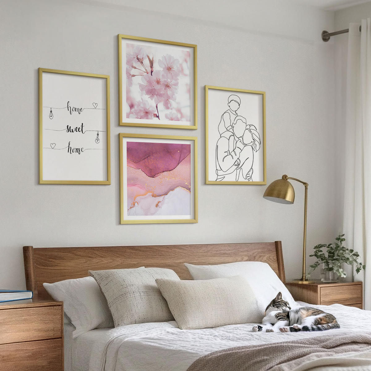 WANDBILDER 4er Set - 50x50 cm & 40x60 cm Goldrahmen - Blumenfamilie minimalistisch - Goldfarben, Kunststoff (50/50cm) - ArtPrintCave