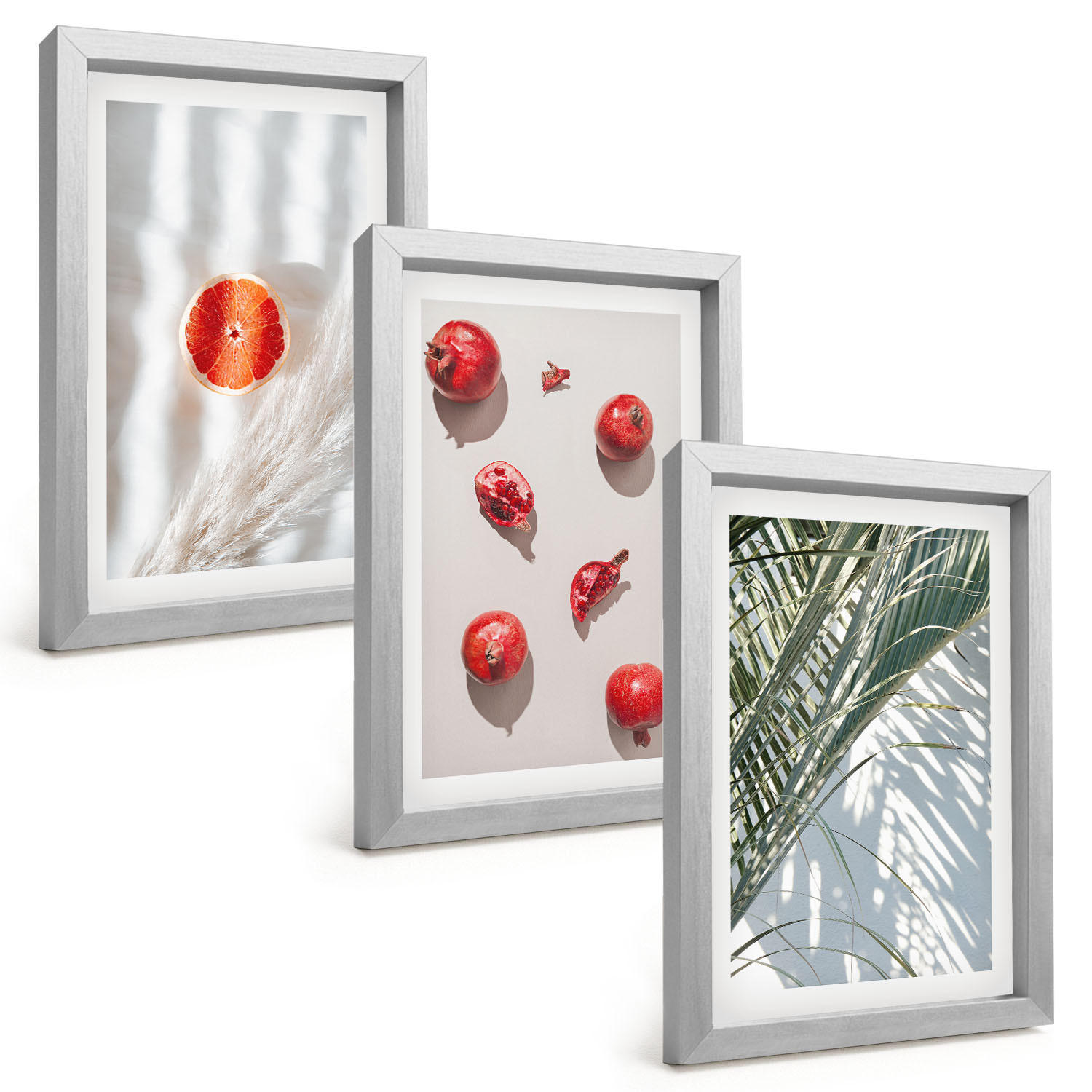 BILDER SET 3er Set - 20x30 cm Silberner Rahmen - Feiertagspalmenfrüchte - Silberfarben, Kunststoff (20/30cm) - TULUP