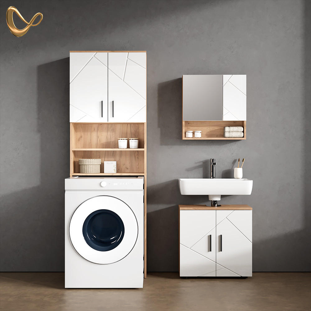 WASCHMASCHINENSCHRANK Ronco Weiß Hochglanz/Goldkraft Eiche 64 x 190.5 cm - Weiß Hochglanz/Eiche Wotan, Holzwerkstoff (64/190.5/26cm) - Livinity®