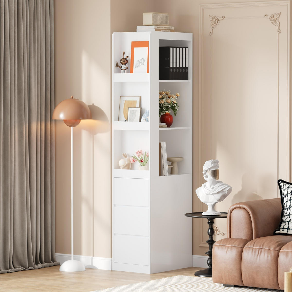 HOCHSCHRANK aus Spanplatte 60x40x200cm in Weiß mit 3 Fächern & 3 Schubladen - Weiß, Holzwerkstoff (60/200/40cm) - Modfu