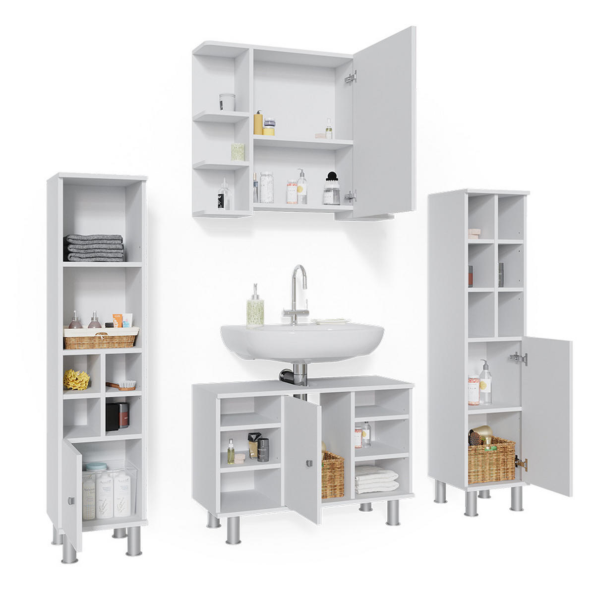 BADMÖBEL-SET Fynn Weiß 4 Teile, mit Midischränke - Weiß, Holzwerkstoff (60/54/32cm) - Vicco