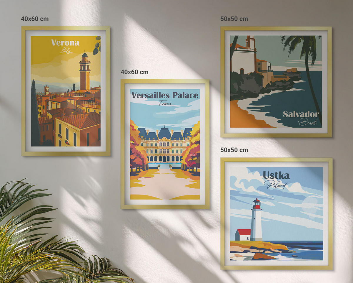 BILDER SET 4er Set - 50x50 cm & 40x60 cm Goldrahmen - Blicke auf berühmte Orte am Meer - Goldfarben, Kunststoff (50/50cm) - TULUP
