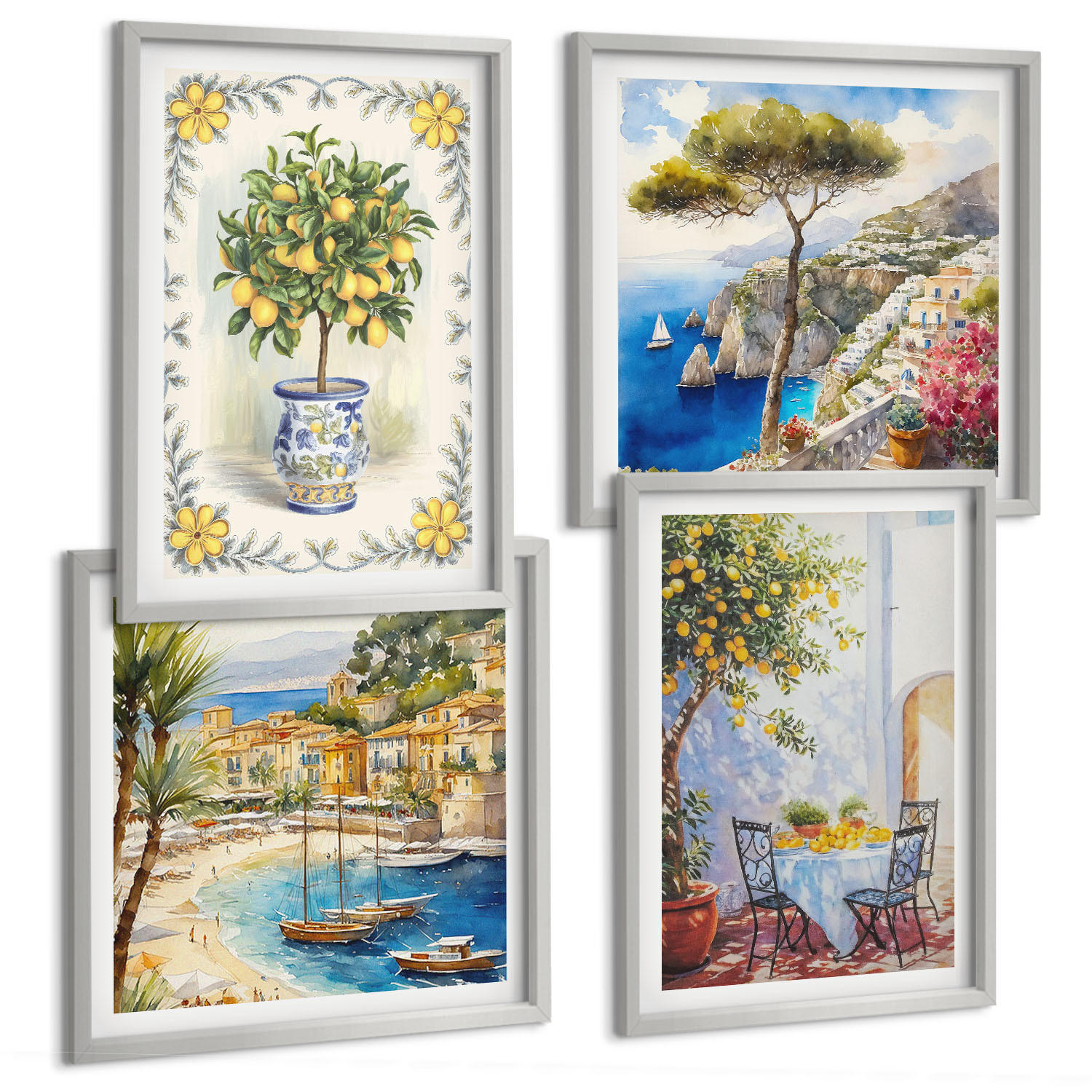 BILDER SET 4er Set - 50x50 cm & 40x60 cm Silberner Rahmen - Blick auf das Meer aus Zitronenbäumen - Silberfarben, Kunststoff (50/50cm) - TULUP