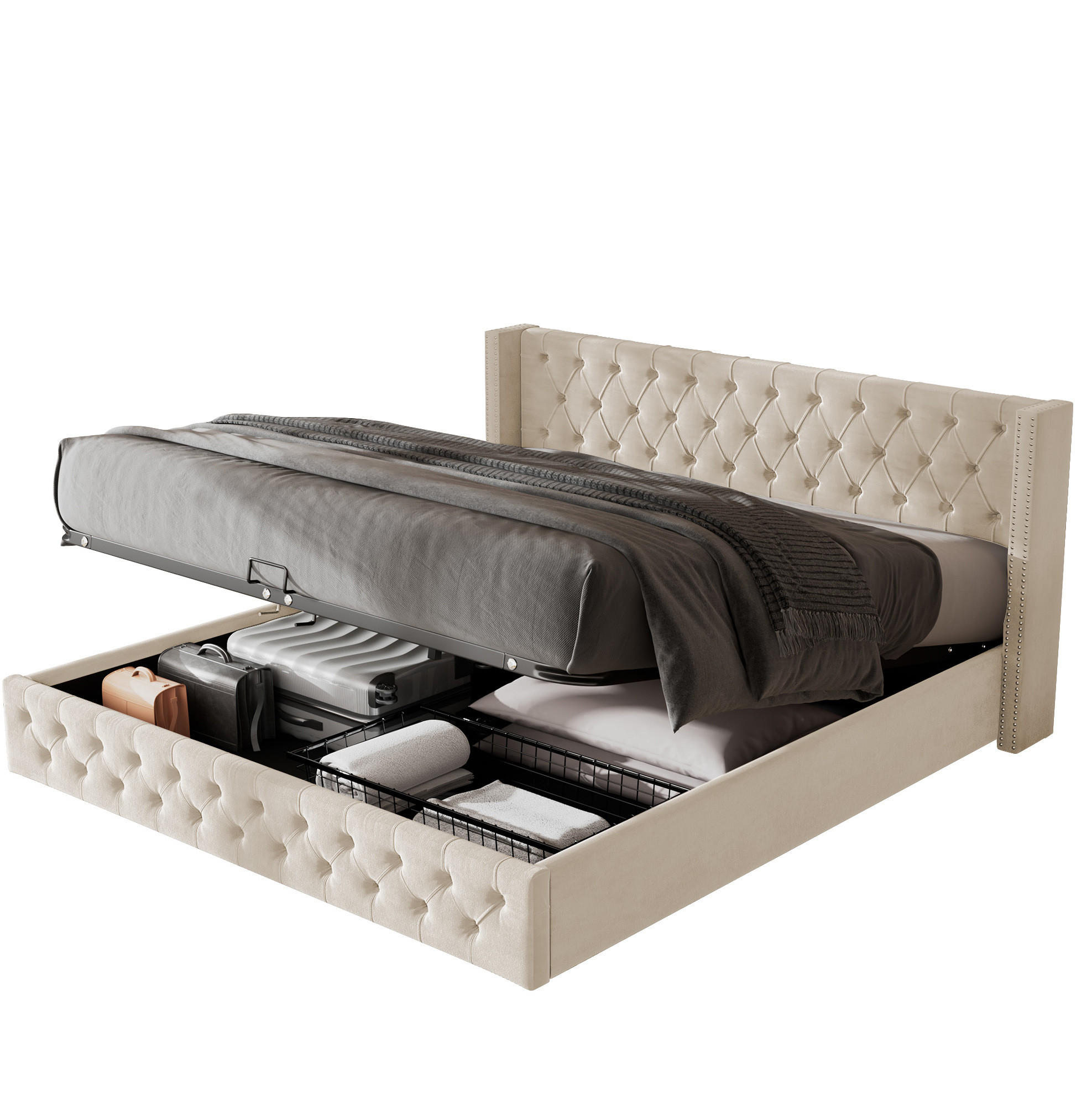 POLSTERBETT 180/200 cm mit hydraulischem Bettkasten, Chesterfield-Design und Samtbezug, Beige - Beige, Textil (180/200cm) - Redom