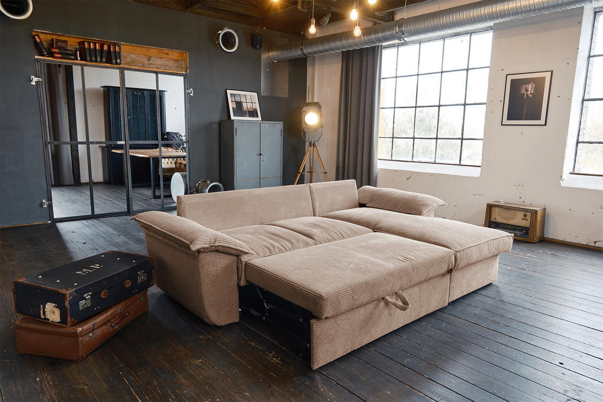 ECKSOFA DAMETO Braun Cord - Dunkelbraun/Schwarz, Kunststoff/Textil (266/174cm) - KAWOLA