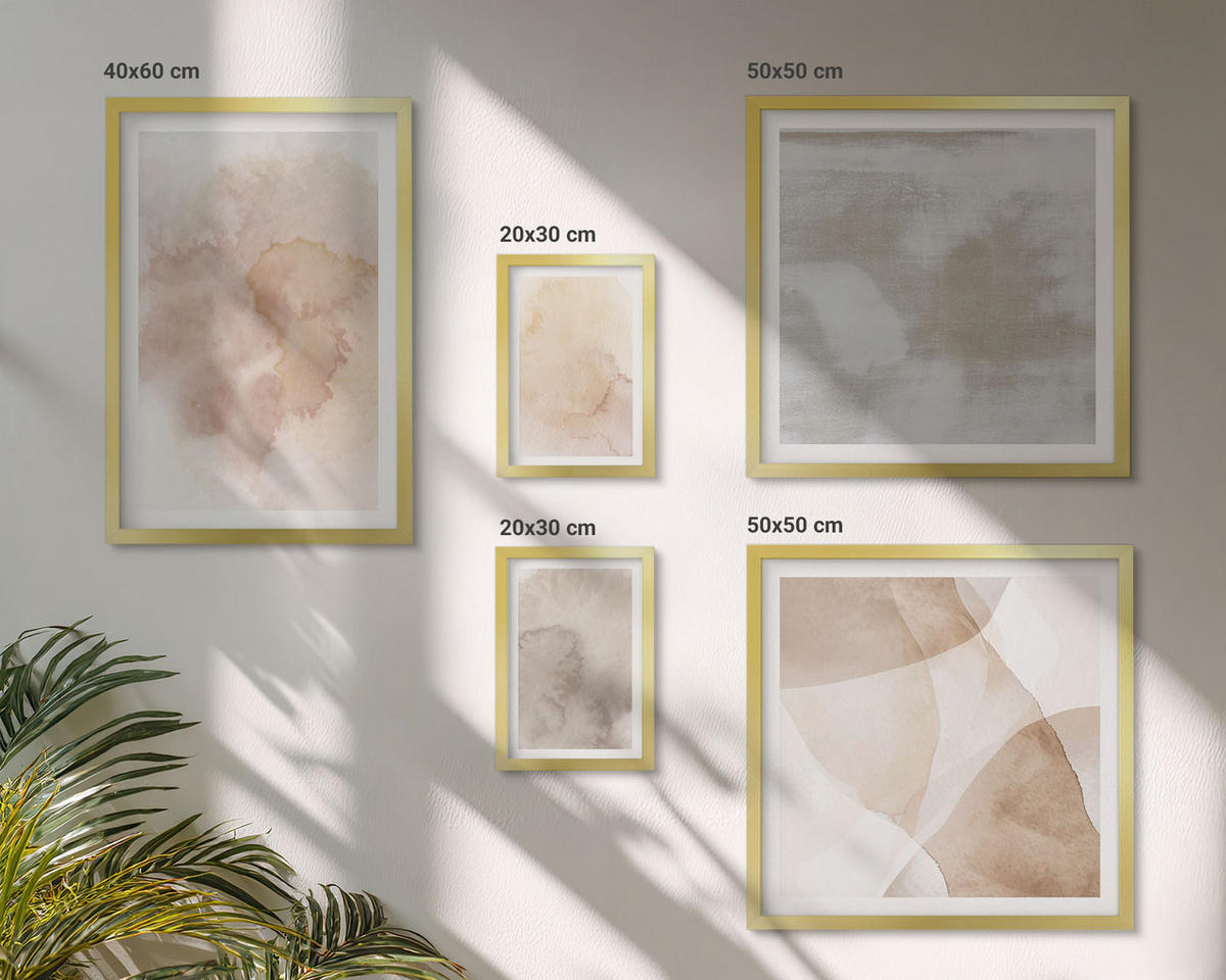 WANDBILDER 5er Set - 50x50 cm & 20x30 cm & 40x60 cm Goldrahmen - Warme Aquarell-Pastelltexturen - Goldfarben, Kunststoff (40/60cm) - ArtPrintCave