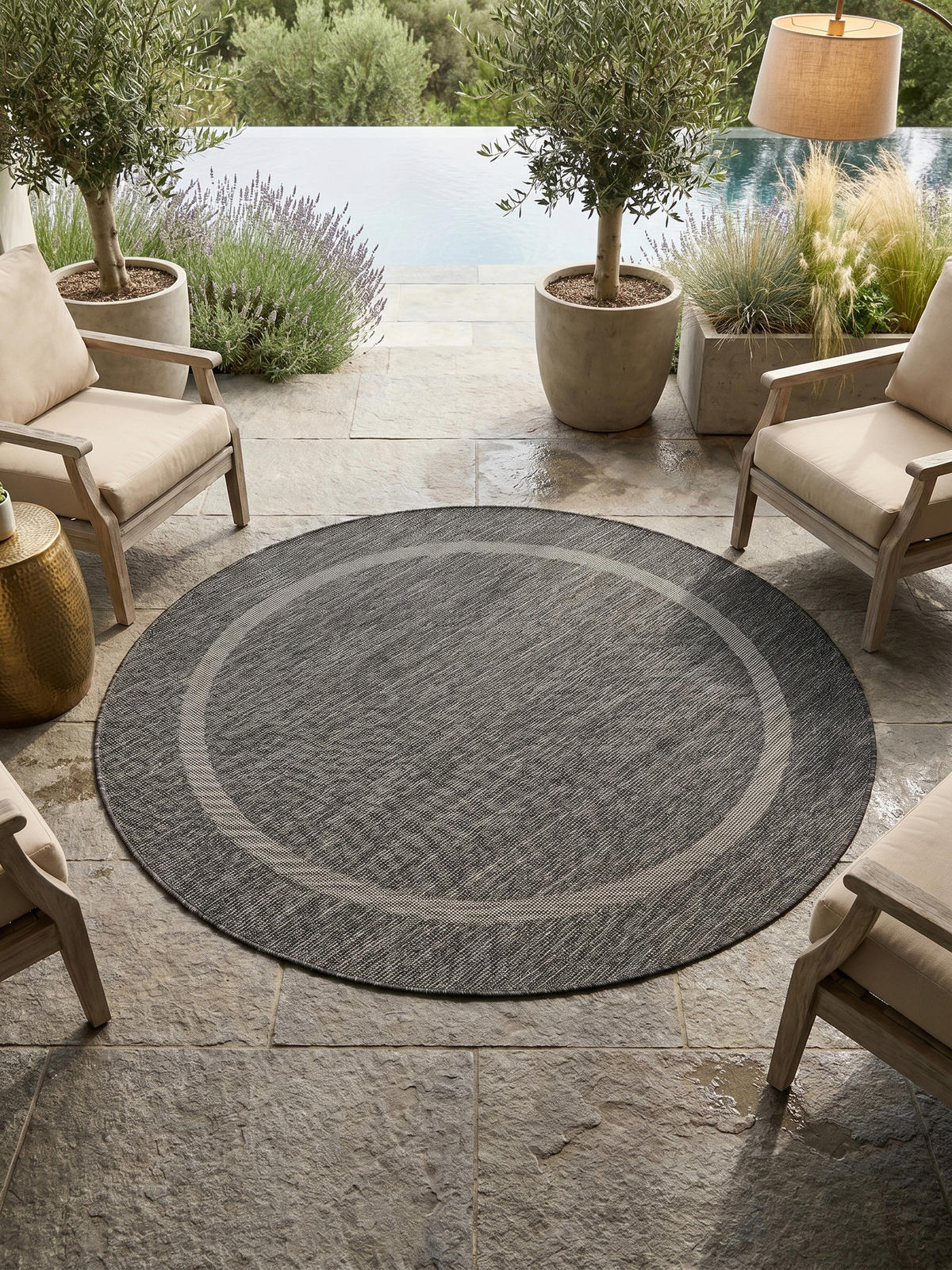 TEPPICH Balkon Unifarben Pflegeleicht Waschbar Terrasse Rund Schwarz 160x160 cm – ALSTER - Grau, Textil (160/160cm) - KADIMA DESIGN