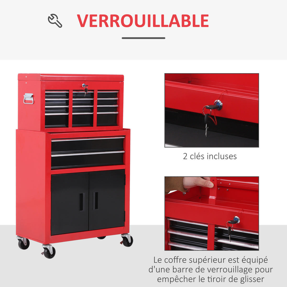 WERKZEUGWAGEN DE-18982 6 Schubladen + abnehmbarer Koffer Rot/Schwarz - Rot, Metall (39/73/68cm) - ComfortXL