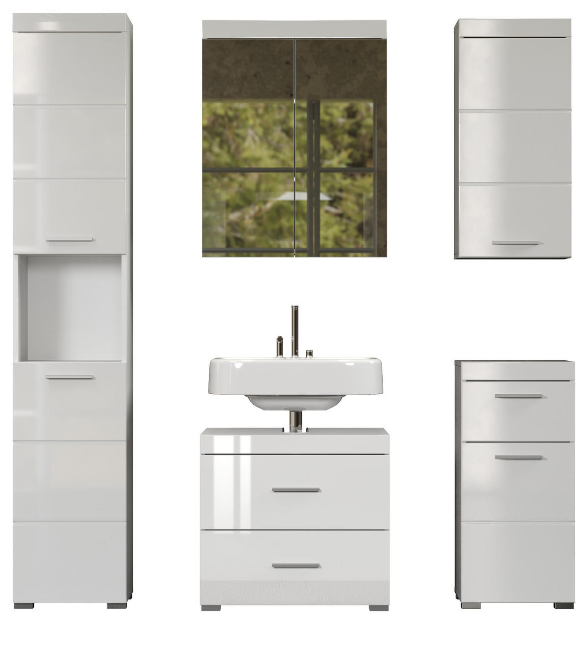 BADMÖBEL-SET weiß Hochglanz 5-teilig 163 x 190 cm, moderne Badezimmer-Schränke - Weiß Hochglanz/Alufarben, Glas/Holzwerkstoff (163/190/34cm) - Top.Furn