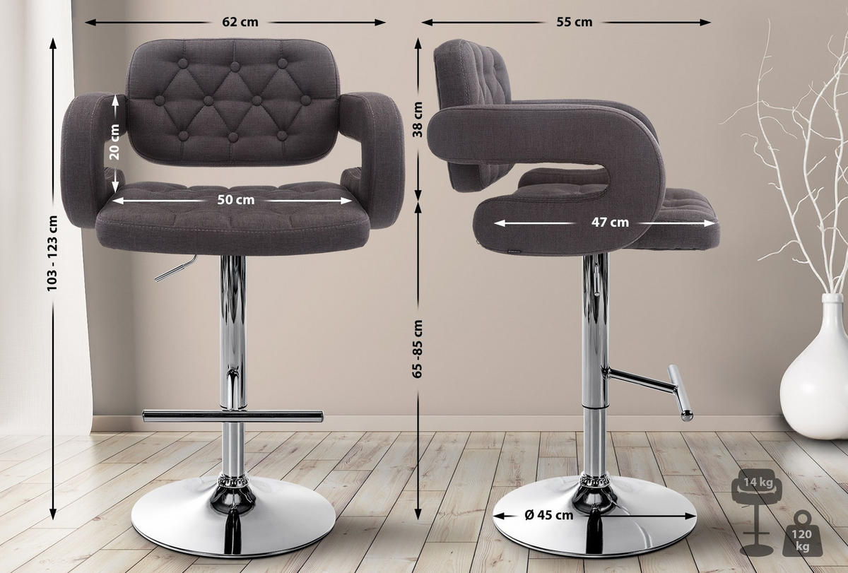 BARHOCKER Stoff dunkelgrau - Chromfarben/Dunkelgrau, Textil/Metall (62/103/55cm) - CLP