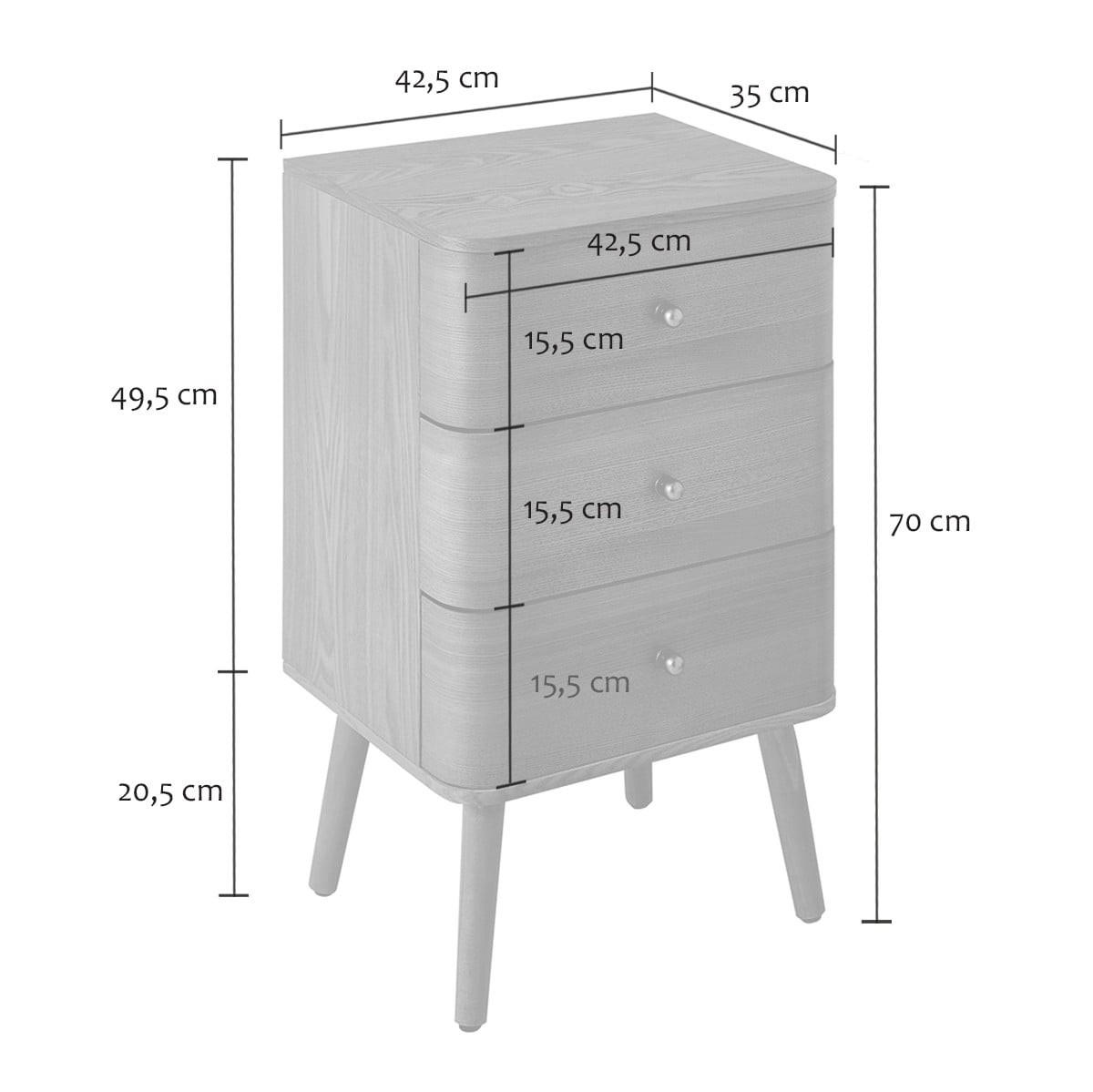 NACHTTISCH mit 3 Schubladen und abgerundeten Kantenfronten 35/71/42 cm - Eschefarben, Holzwerkstoff (35/71/48cm) - Calicosy