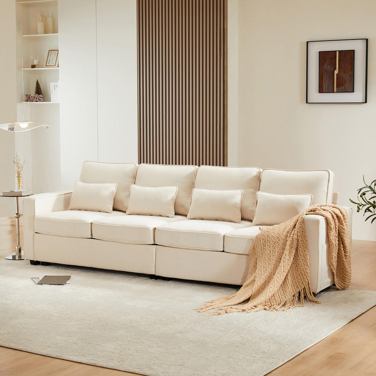 SOFA 4-Sitzer Leinenstoff Armlehnentaschen 4 Kissen Einfacher Stil - Beige, Holz (71/27.5/55.5cm) - FLIEKS