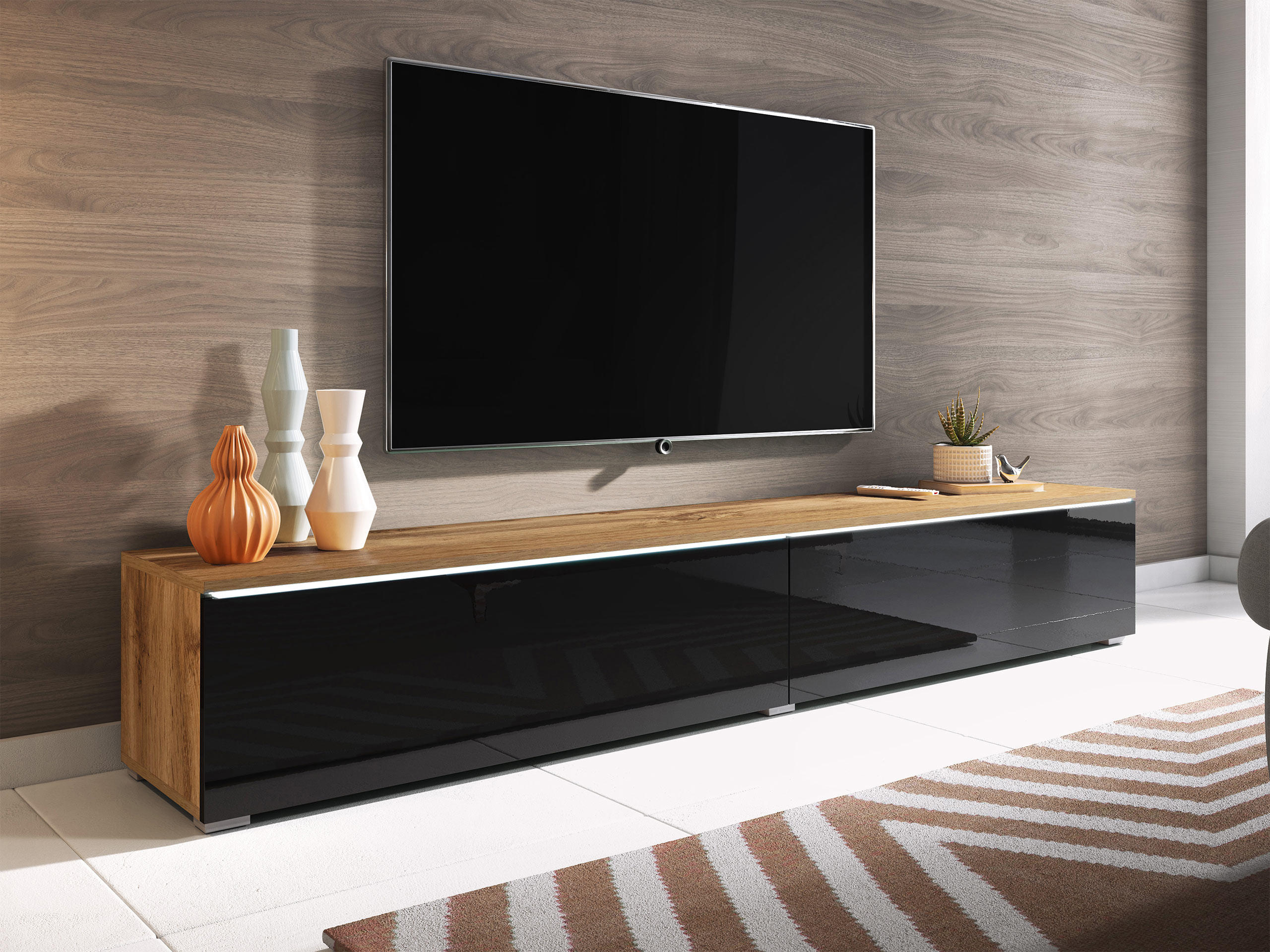 Thumbnail - Mirjan24 Tv-Lowboard, Eiche Wotan, Schwarz Hochglanz, Holzwerkstoff, Rechteckig,Rechteckig, 180x30x33 cm, Wohnzimmer, Wo...