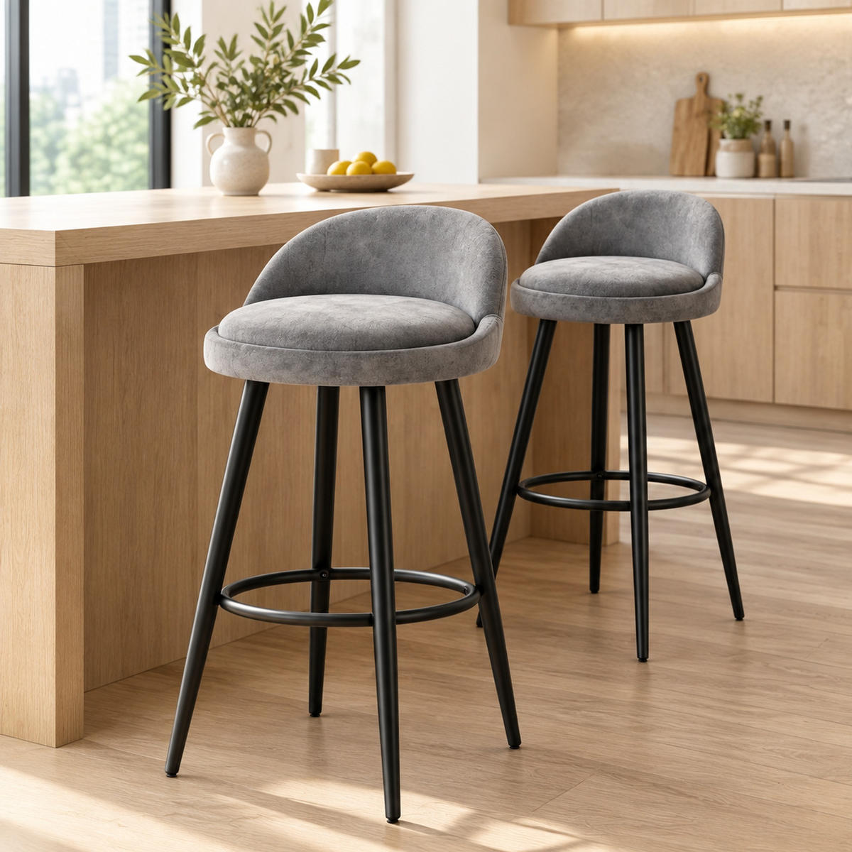 BARHOCKER mit Rückenlehne und Fußlehne Dunkelgrau Samt - Dunkelgrau, Holzwerkstoff (36.5/78.5/36.5cm) - MIVRAY