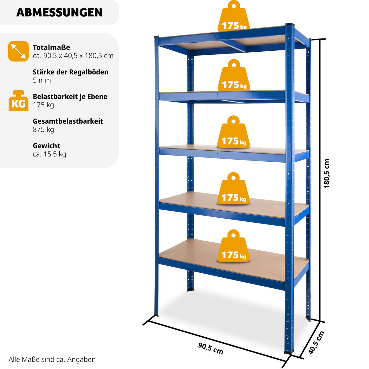 SCHWERLASTREGAL ,90,5 x 40,5 x 180,5 cm,blau - Blau, Metall (40.5/180.5/90.5cm) - tectake