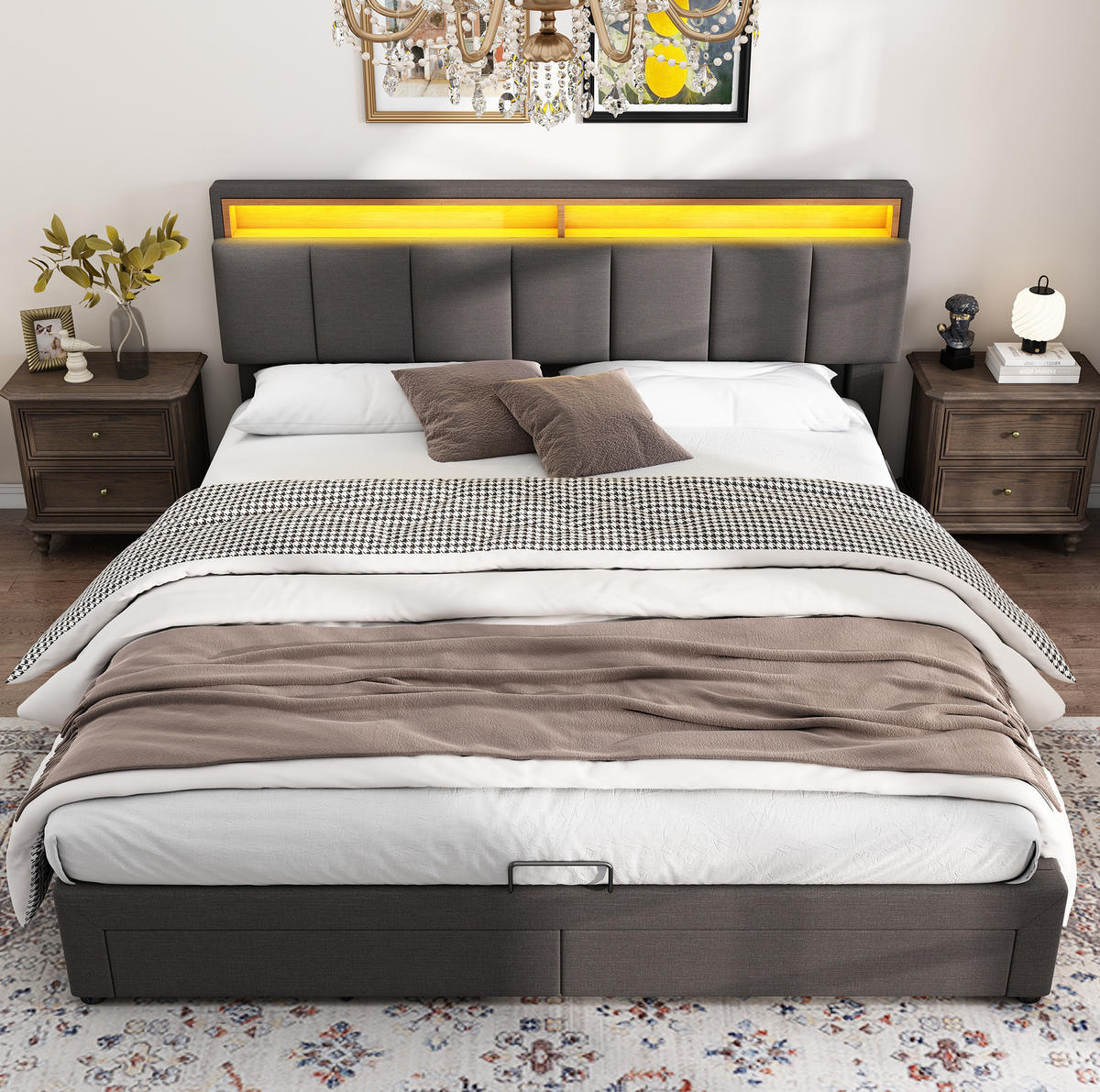 POLSTERBETT 160/200 cm mit LED-Kopfteil, Bettkasten-Stauraum, Hellgrau - Hellgrau, Metall (160/200cm) - Redom