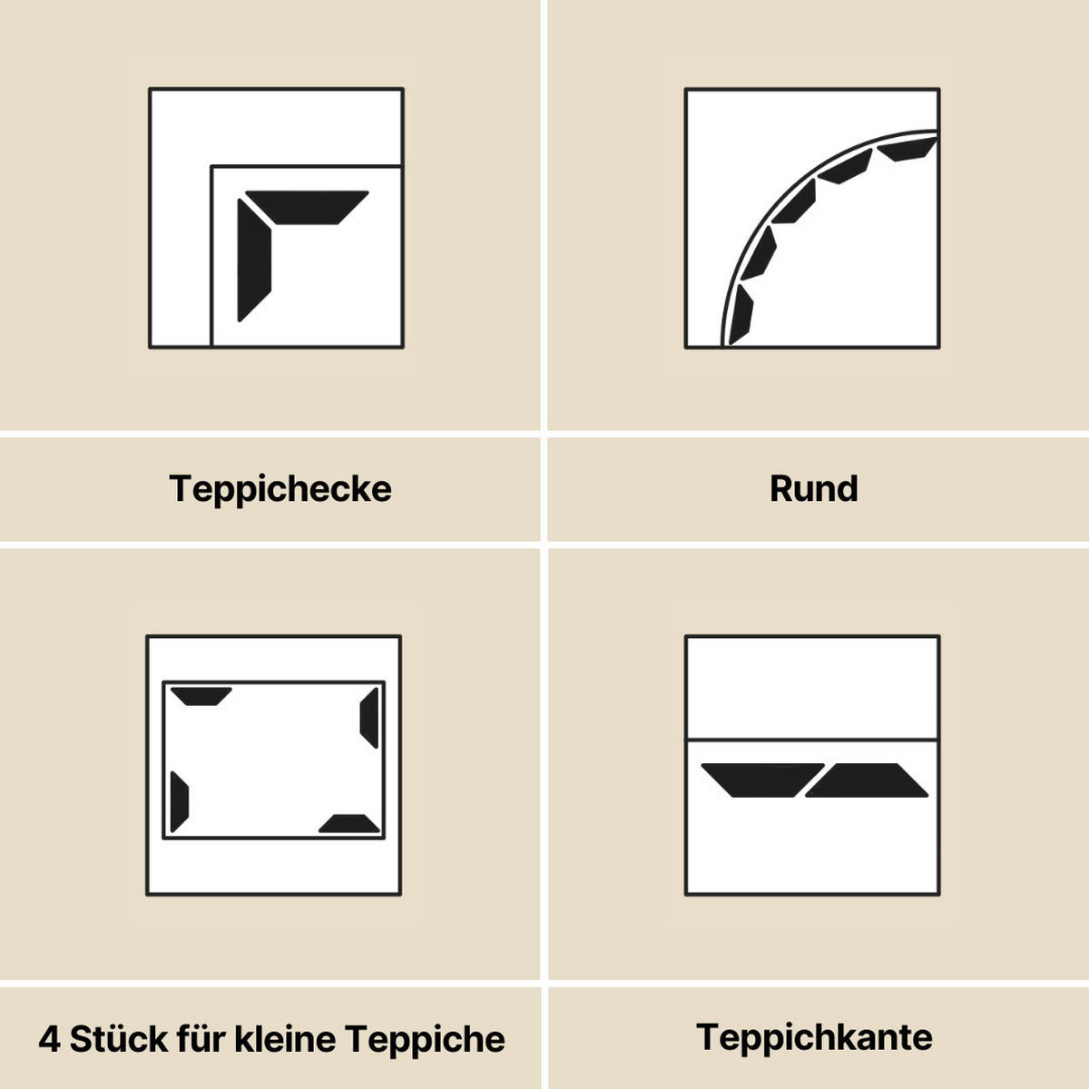 RUTSCHFESTE Teppichstopper 8er Set – selbstklebend, wiederverwendbar & unsichtbar, 180 x 30 mm - Schwarz, Kunststoff (3/18cm)