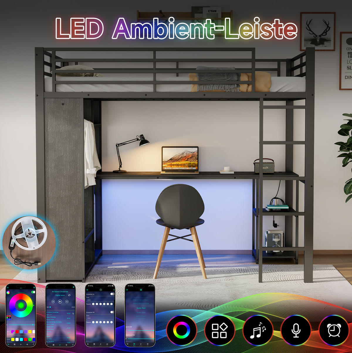 HOCHBETT 90x200 cm in Schwarz mit Schreibtisch, LED-Beleuchtung und offenem Kleiderschrank - Schwarz, Holzwerkstoff (90/200cm) - IVMEU