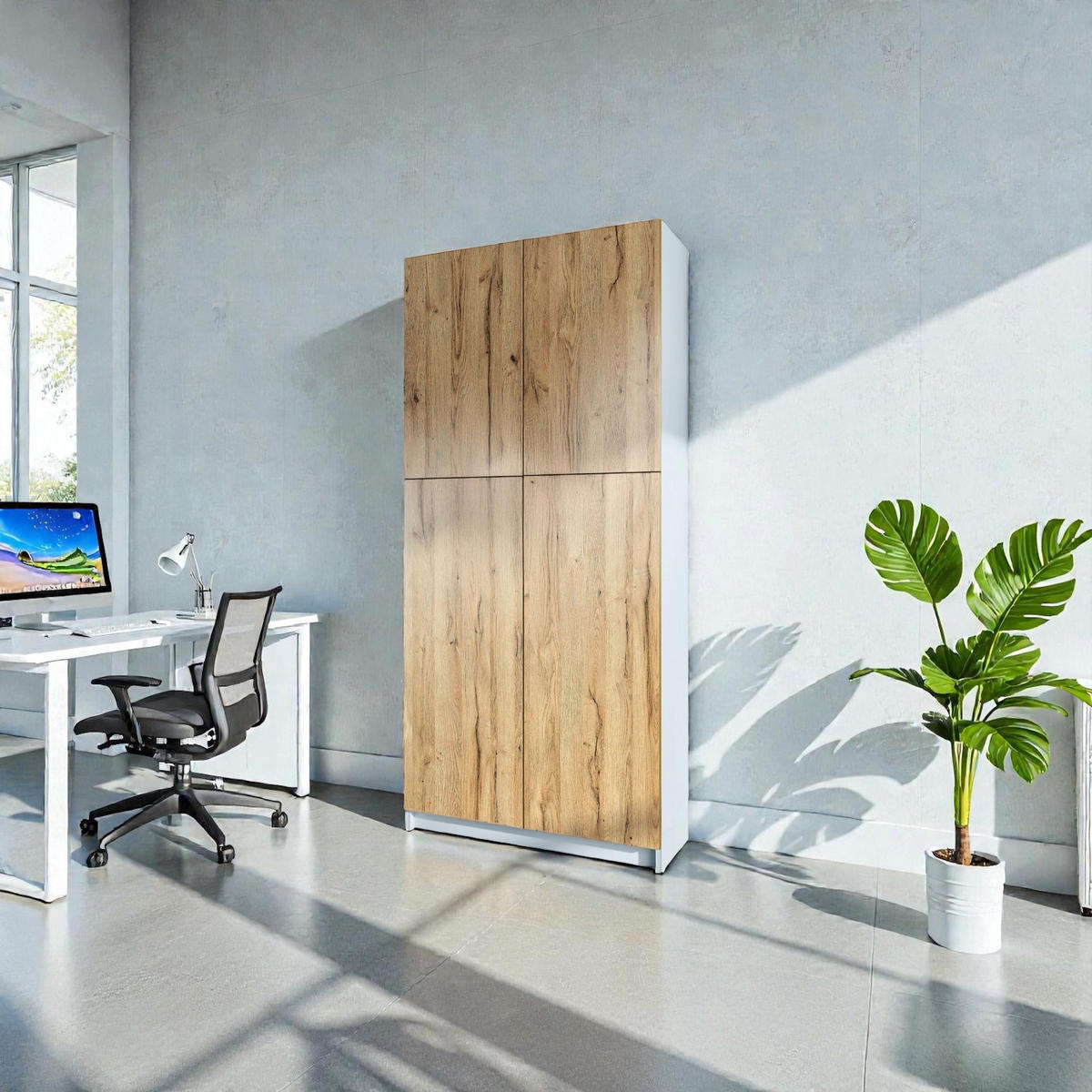 AKTENSCHRANK Elona M1, Büroschrank mit Soft-Close & Push-to-Open, Weiß/Eiche Natur (82 x 184 x 37 cm) - Eiche Wotan, Holzwerkstoff (82/184/37cm) - InnoFurn