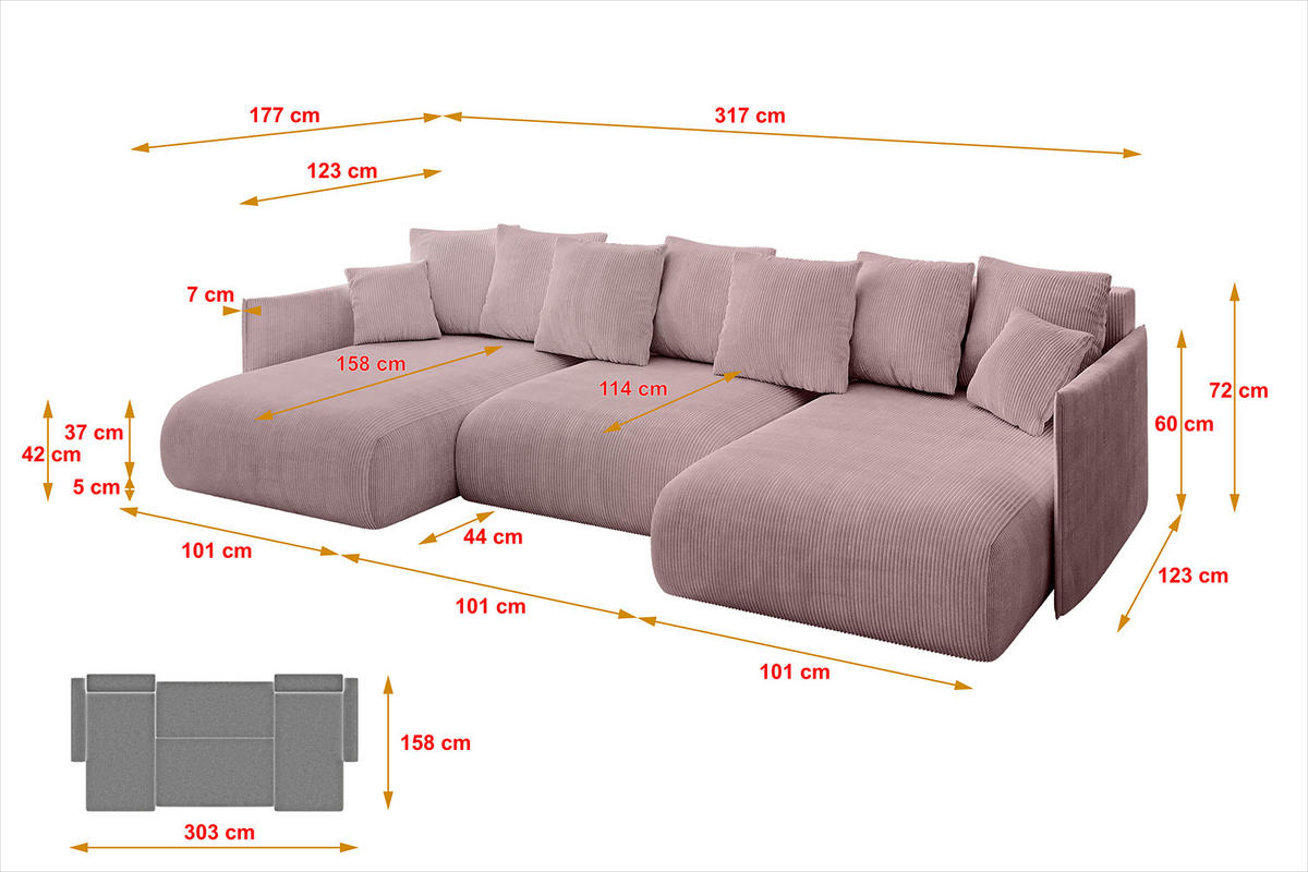 WOHNLANDSCHAFT mit Schlaffunktion und Bettkasten ONESK-U 317x177x72 Rosa Cord - Rosa, Holzwerkstoff/Kunststoff (317/72/177cm) - ALTDECOR