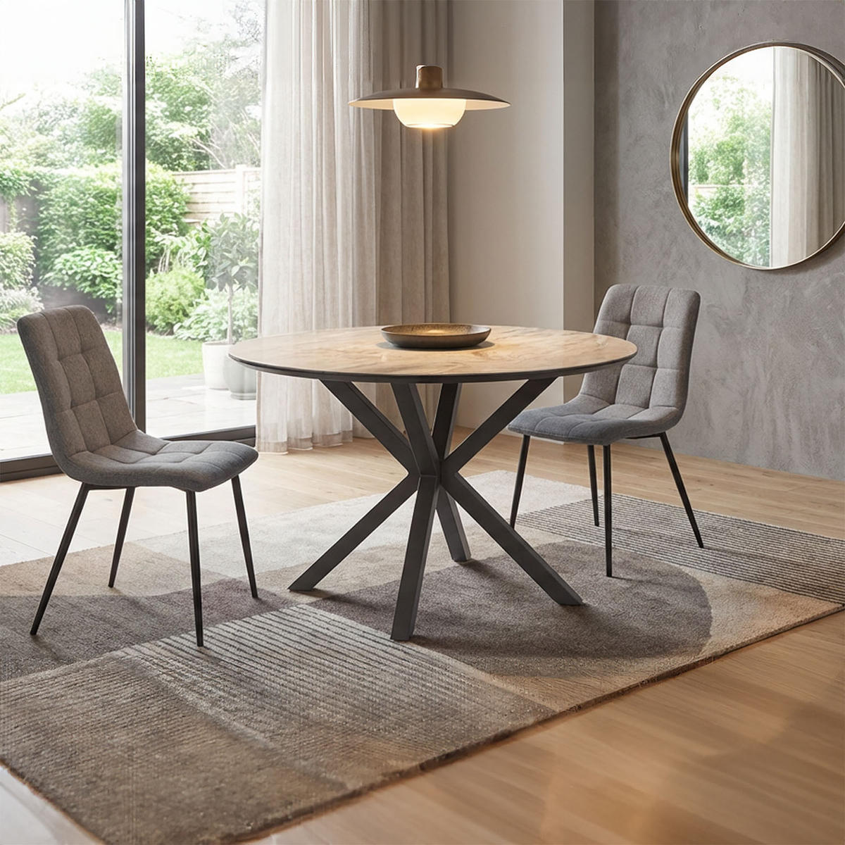 TISCHGRUPPE rund grau schwarz mit 2 Stühle Grau - Schwarz/Grau, Textil/Metall (110/77/110cm) - Homestyle4u