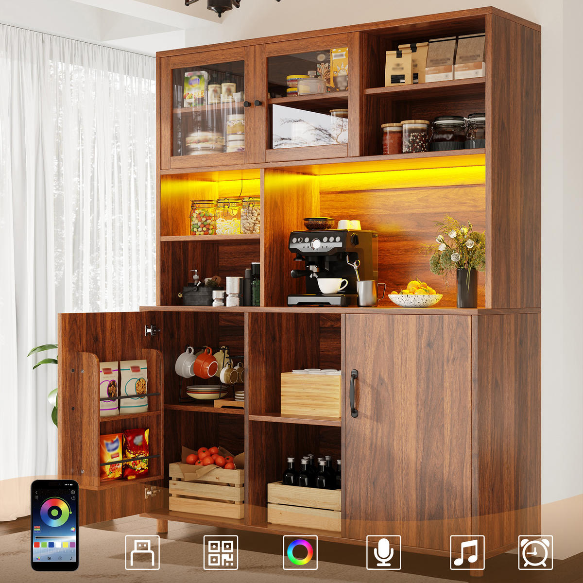 BUFFET 140x40x185cm LED Snackablage Walnuss - Braun, Glas (140/185/40cm) - FLIEKS
