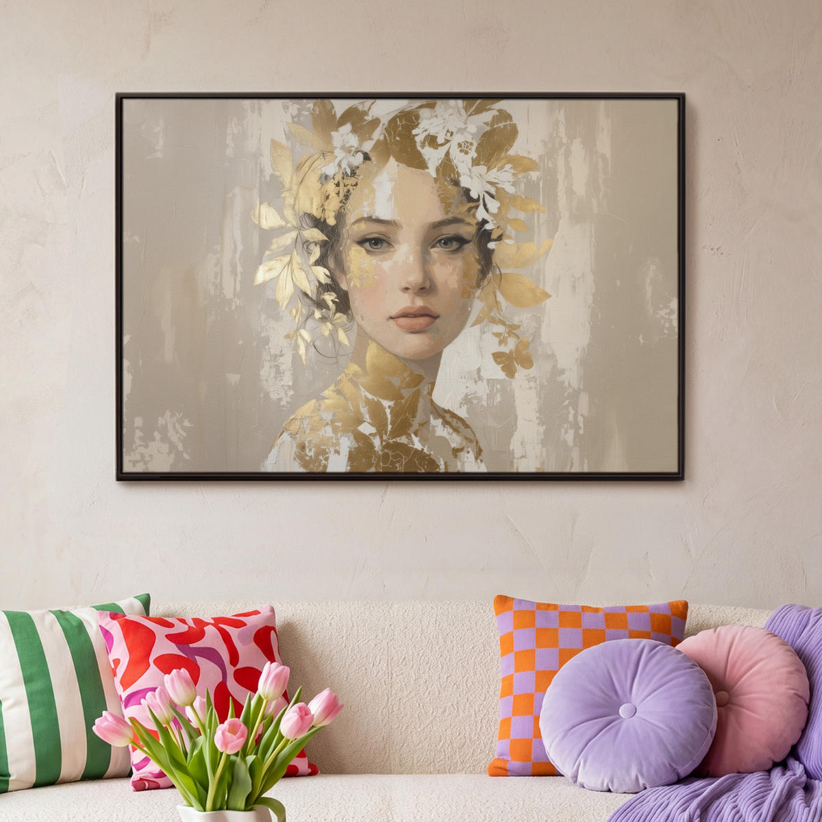 LEINWAND Bilder mit Rahmen - Gesicht - Frau - Blätter - Gold - 90x60 - Beige, Textil (90/60cm) - MuchoWow