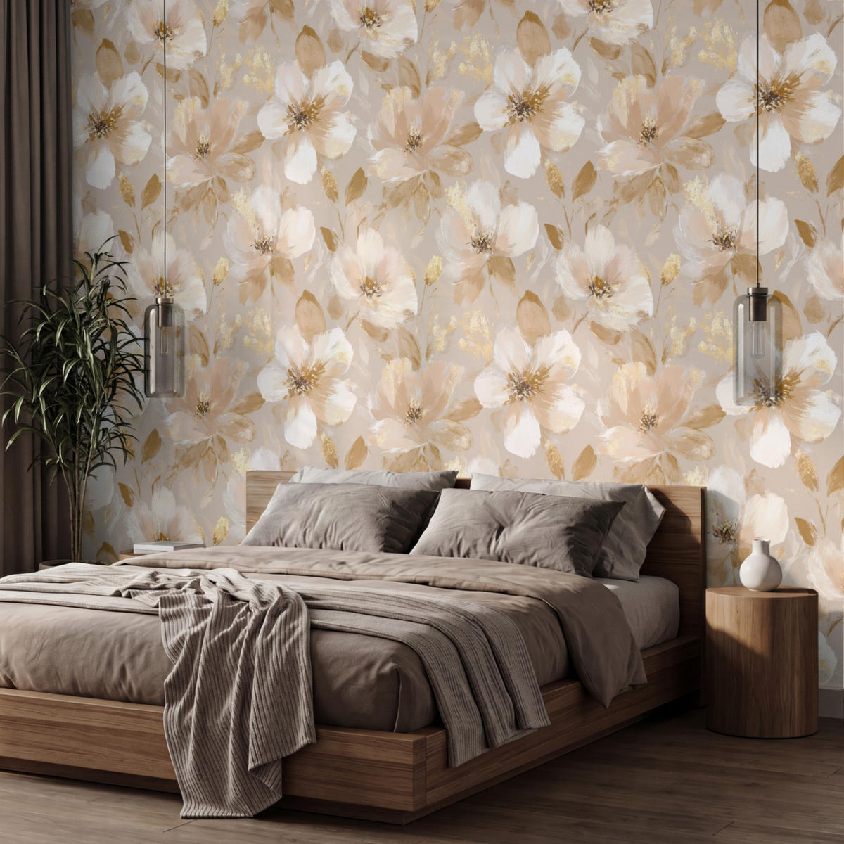 TAPETE - Blumen - künstlerisch - Gold - 400x280 cm - Beige, Papier (400/280cm) - OnlyWow