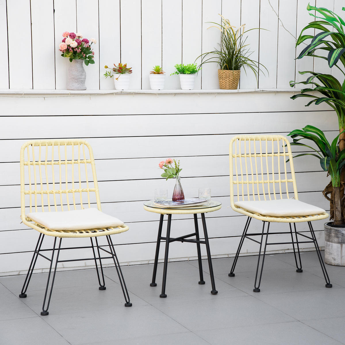 BISTROTSET 3tlg DE-13666 mit Glastisch und Polsterkissen Creme - Creme, Kunststoff/Metall - ComfortXL