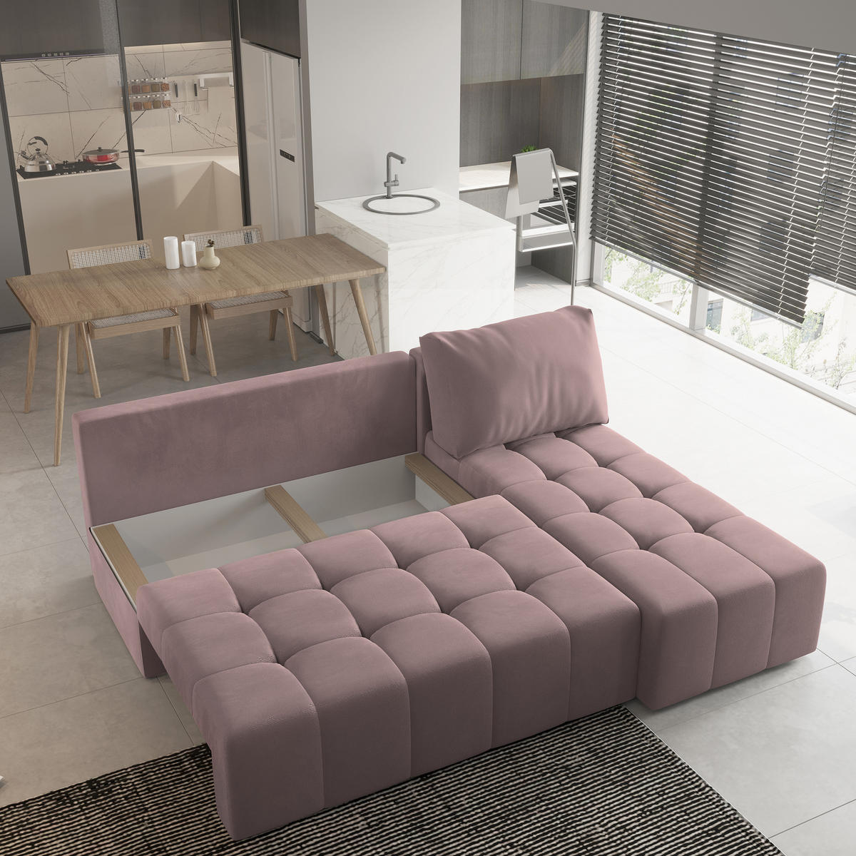ECKSOFA DOMIRA Rosa Plüsch-Stoff mit Schlaffunktion - Rosa, Holz (200/141cm) - MASSENO