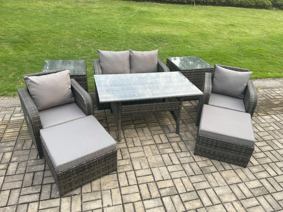 GARTENMÖBEL SET mit Hocker,Beistelltisch,Zweisitzer Polyrattan 6-Sitzer - Dunkelgrau/Grau, Glas/Kunststoff - Fimous